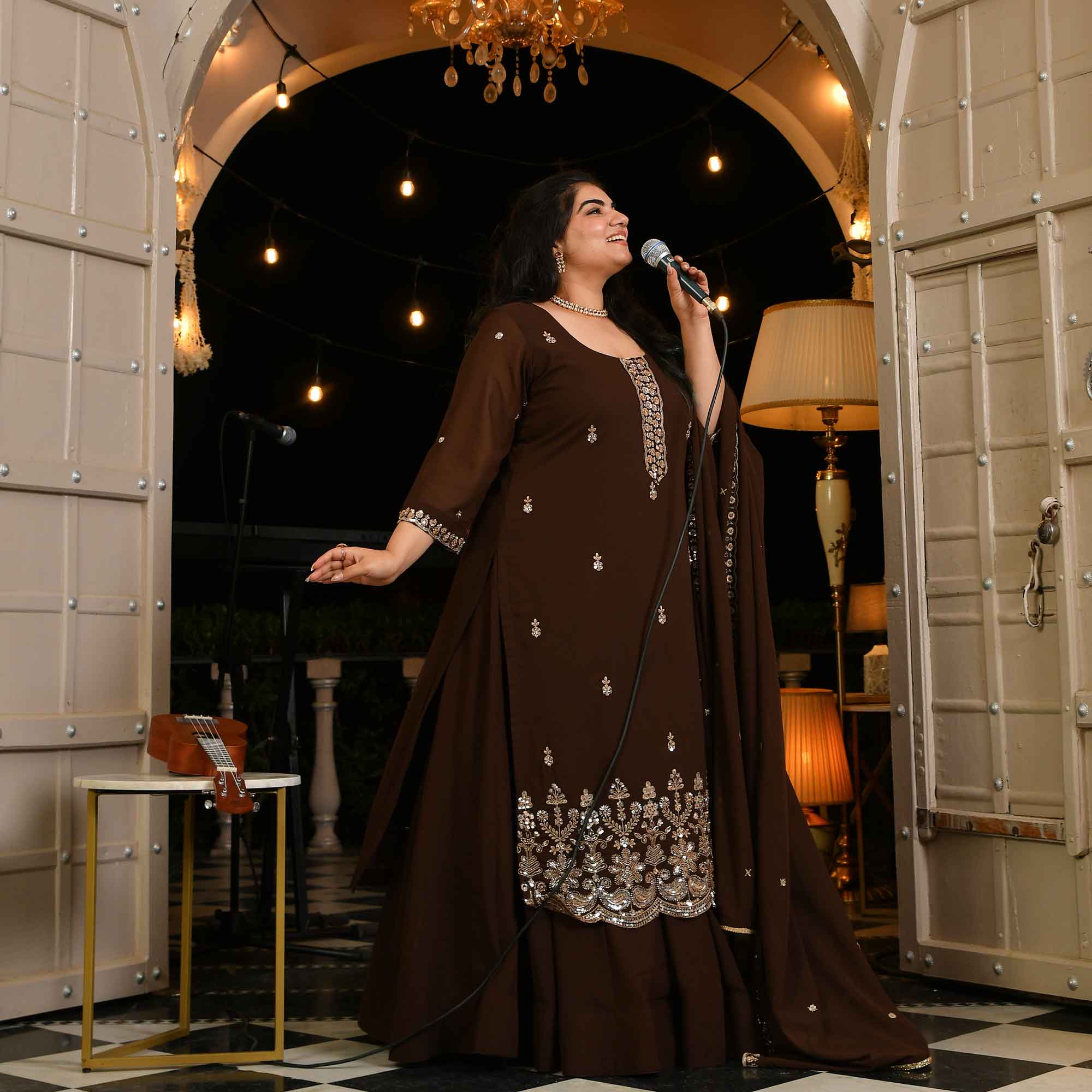 Dekha Ek Khwab- Coffee Cutdana Embroidered Georgette Kurta Skirt Set