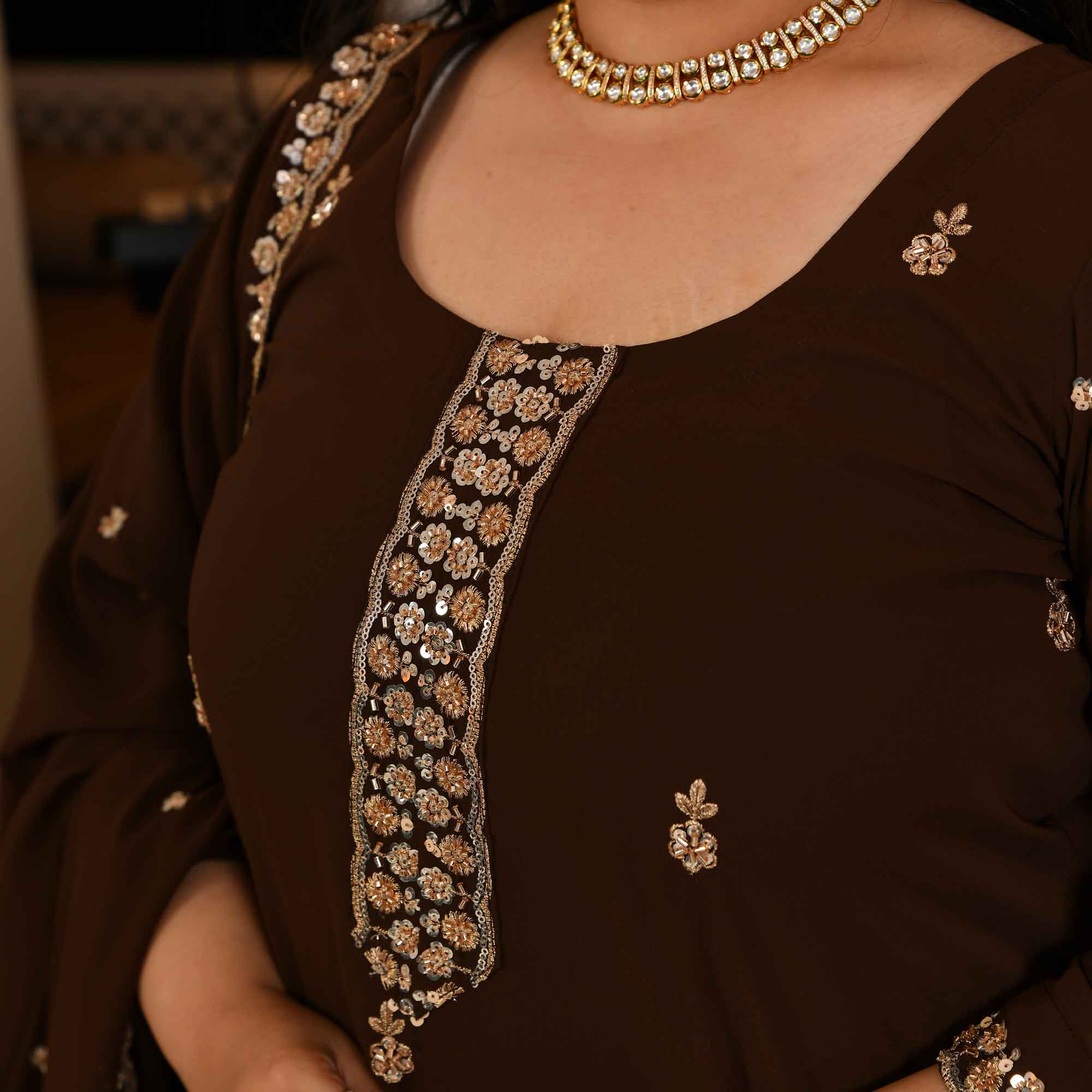 Dekha Ek Khwab- Coffee Cutdana Embroidered Georgette Kurta Skirt Set