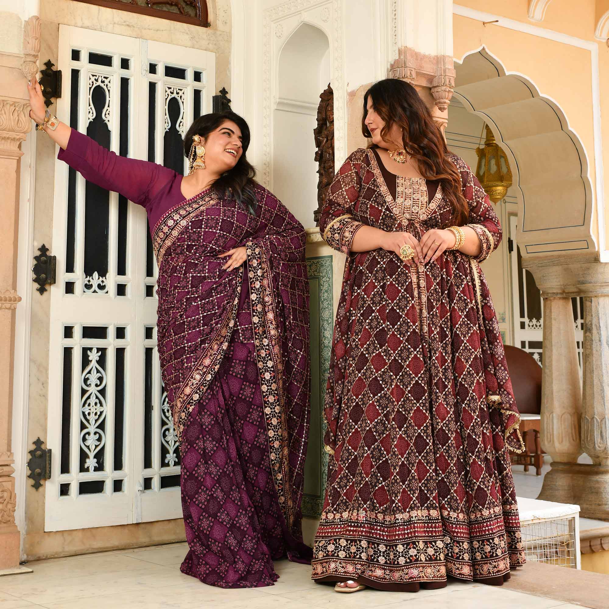 Katha- Shades of Wine Fusion Print Zari Embroidered Pre-Drape Saree