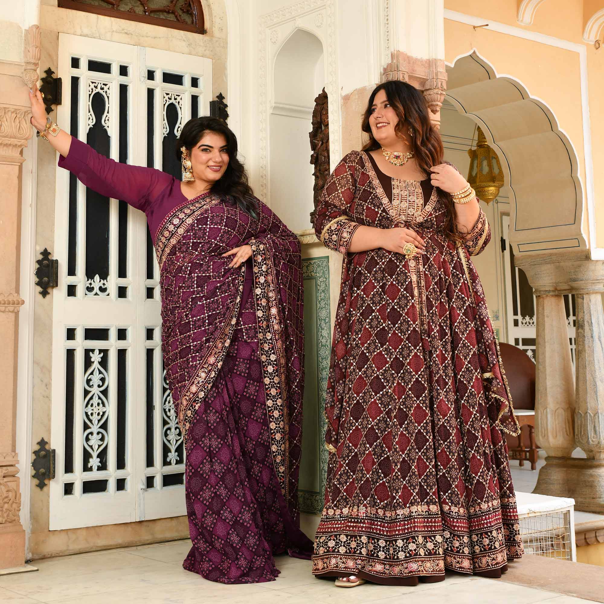 Katha- Shades of Wine Fusion Print Zari Embroidered Pre-Drape Saree