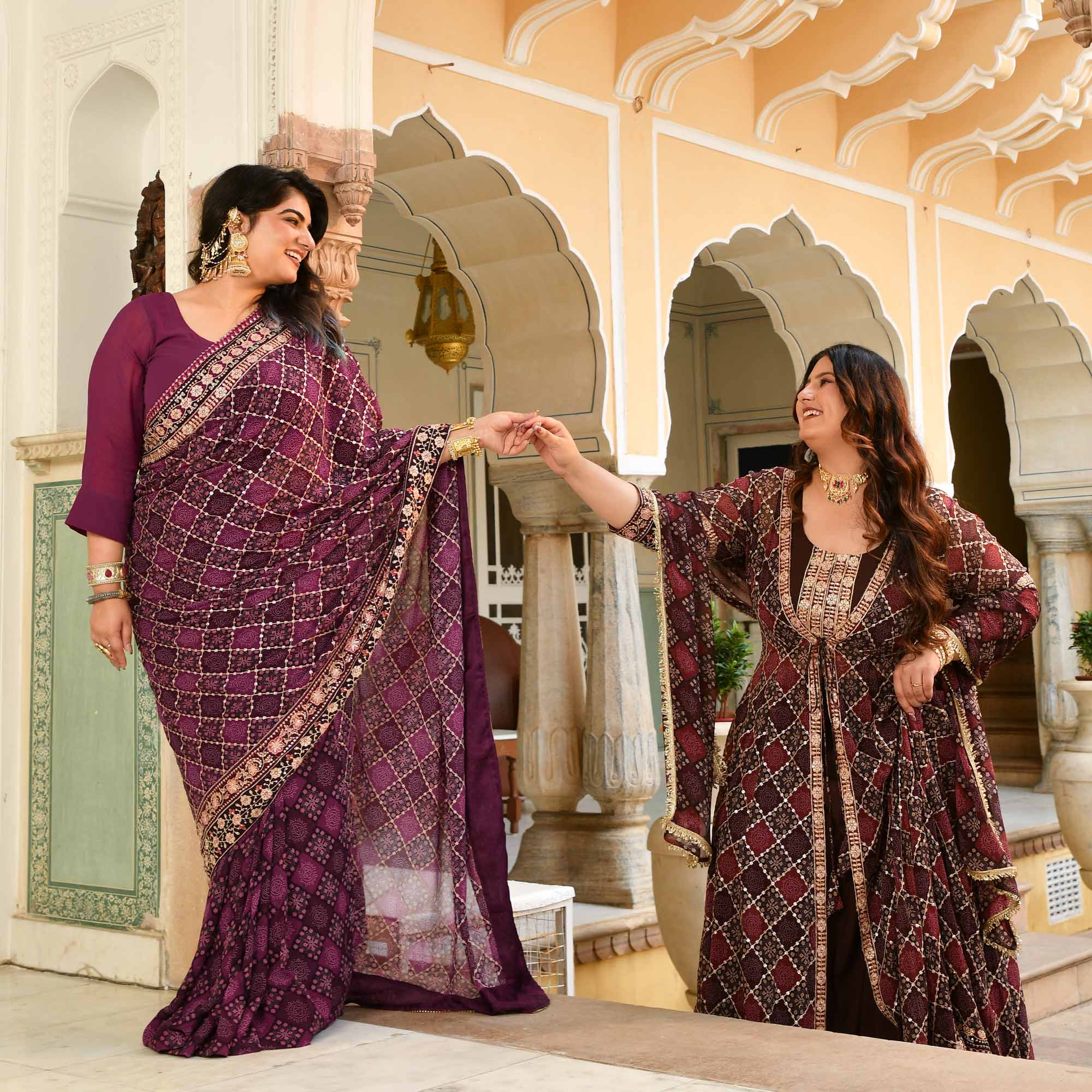 Katha- Shades of Wine Fusion Print Zari Embroidered Pre-Drape Saree