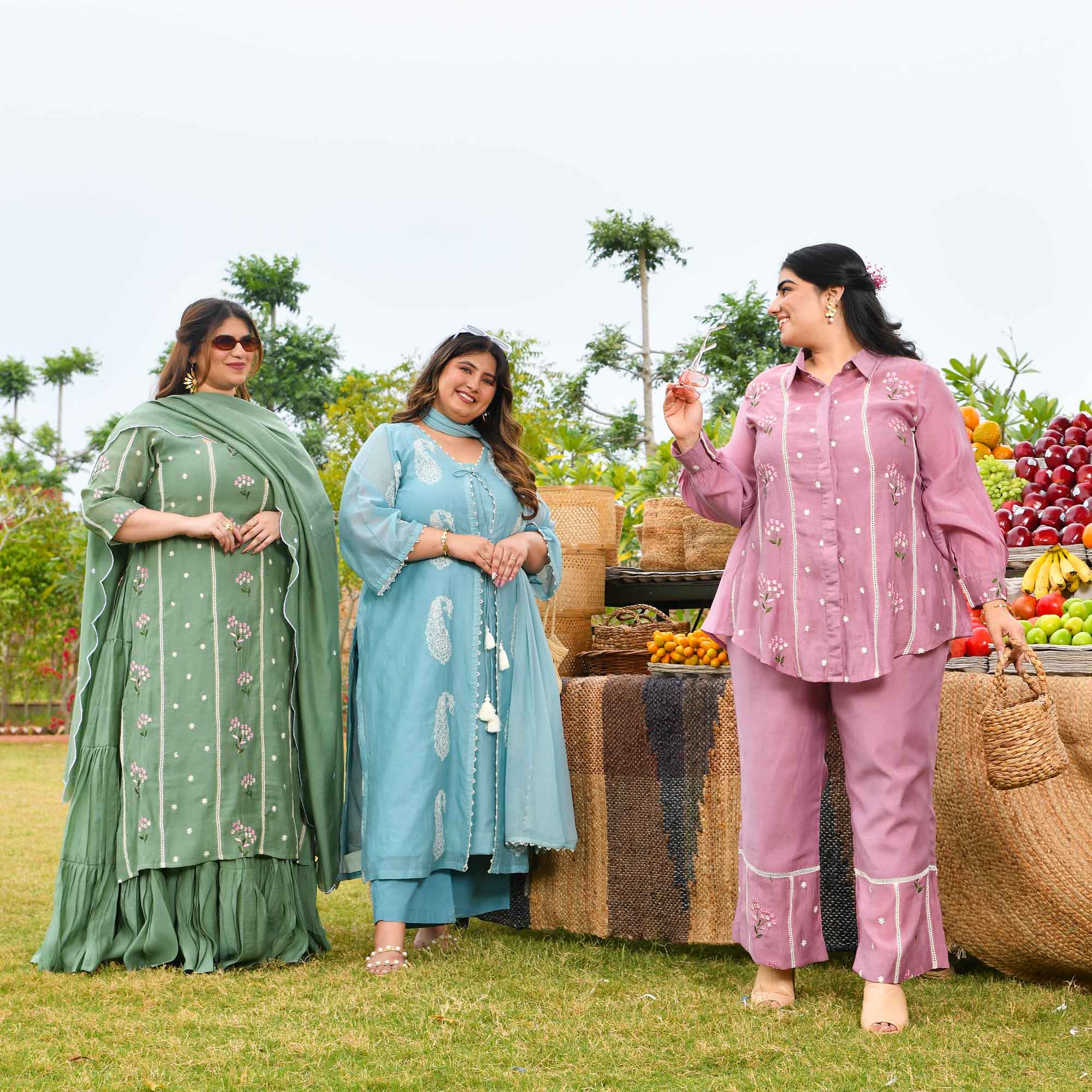 Custard Apple- Sage Green Thread Embroidered Mul Chanderi Anarkali Set