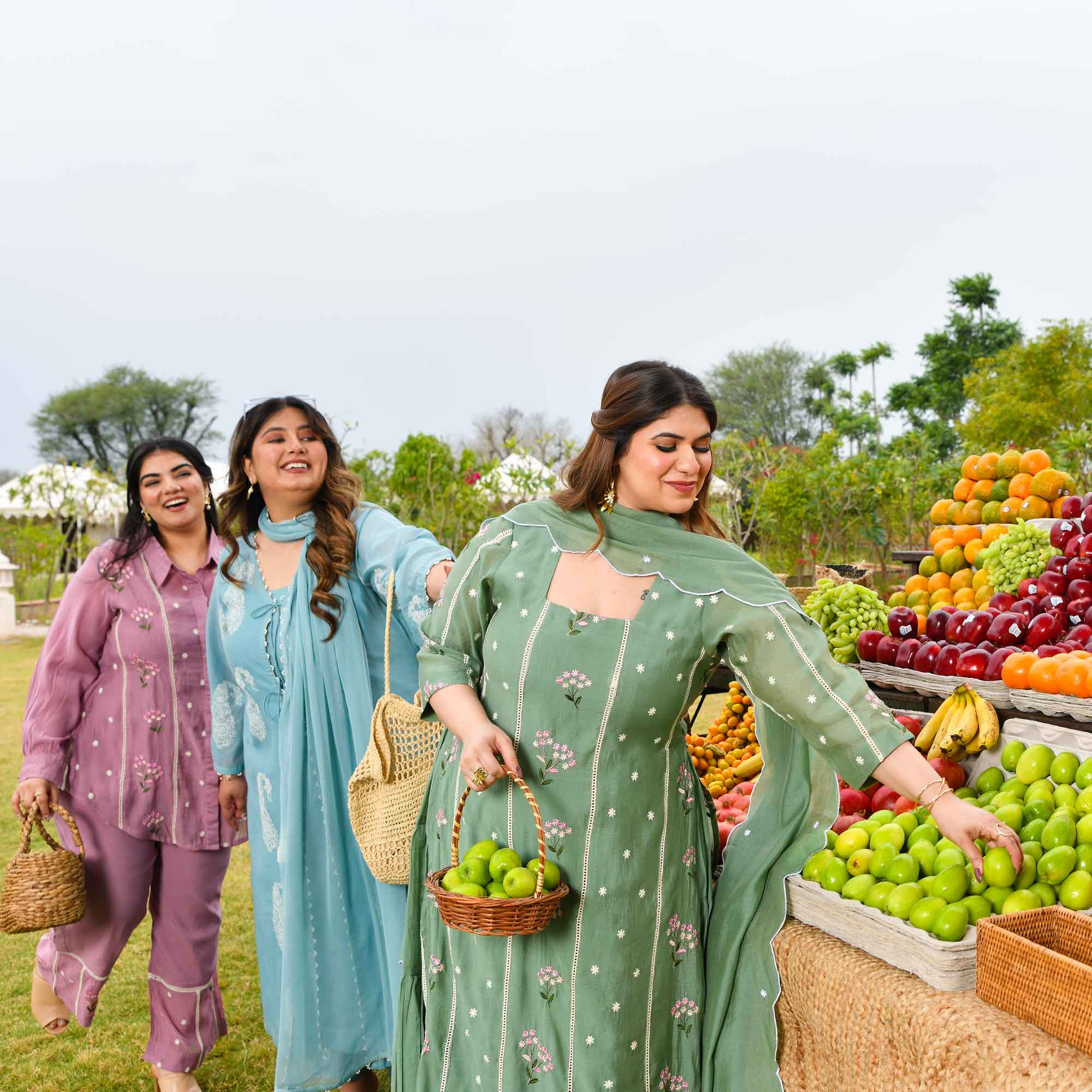 Custard Apple- Sage Green Thread Embroidered Mul Chanderi Anarkali Set