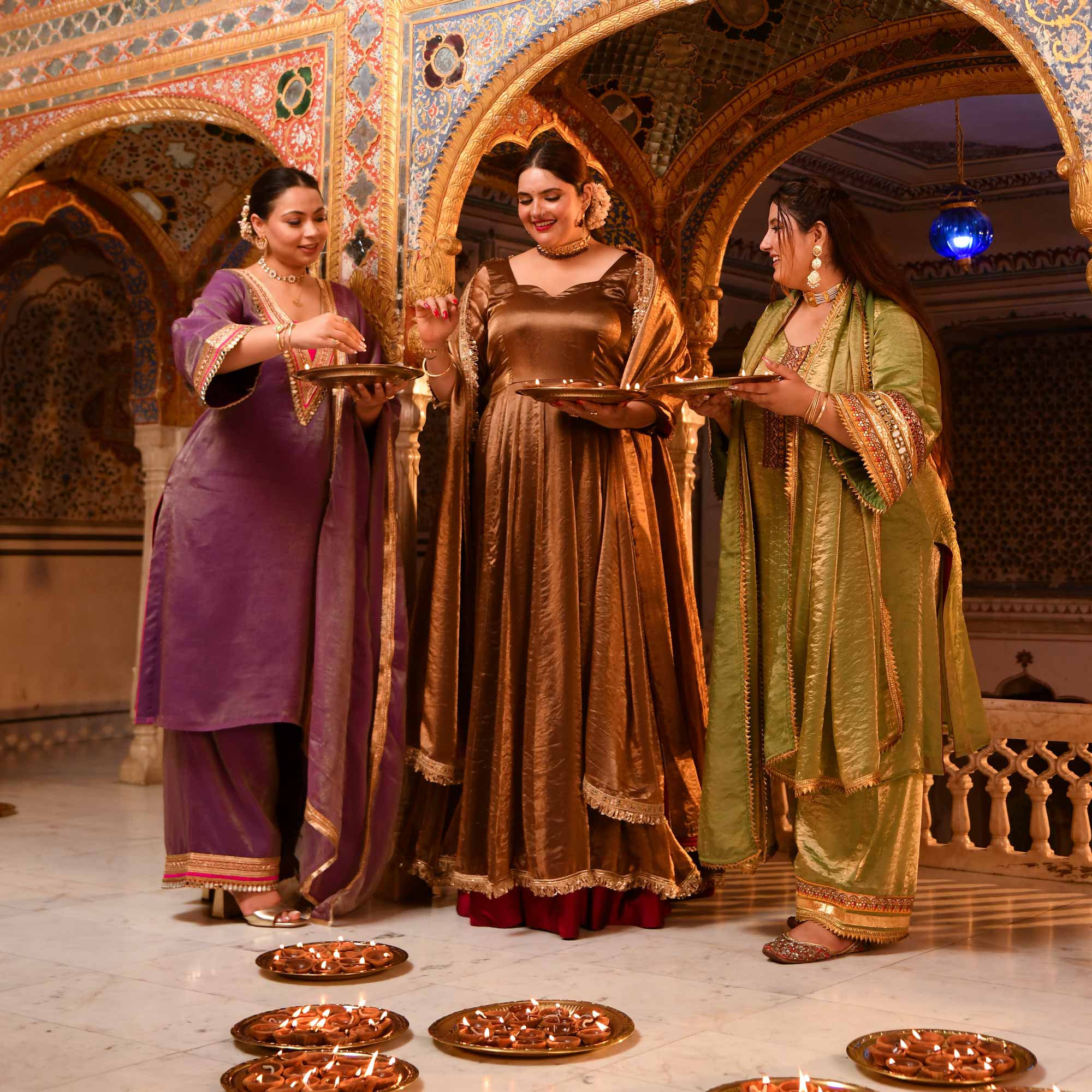 Chamakta Taaj- Copper & Gold Tissue Silk Anarkali Set