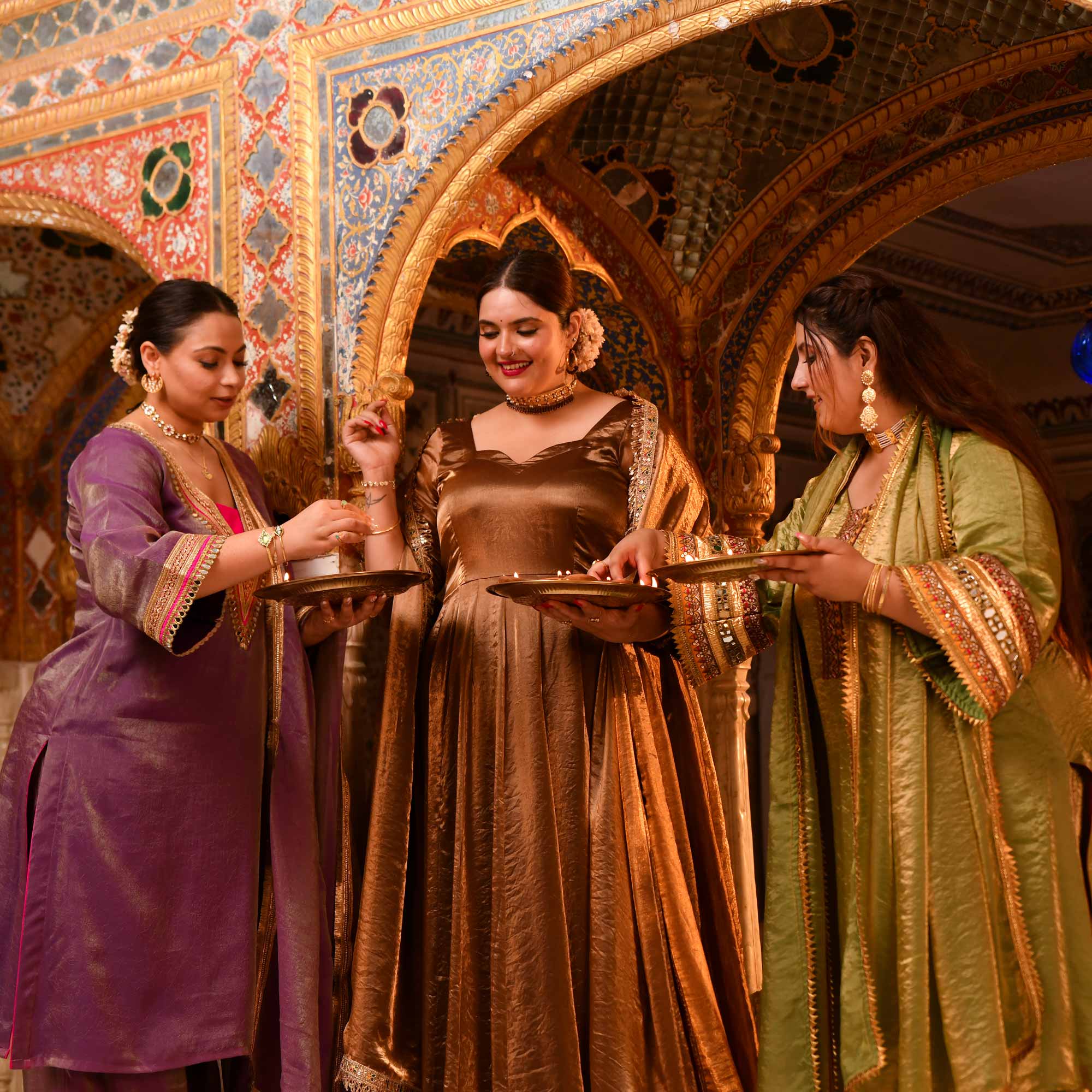 Chamakta Taaj- Copper & Gold Tissue Silk Anarkali Set