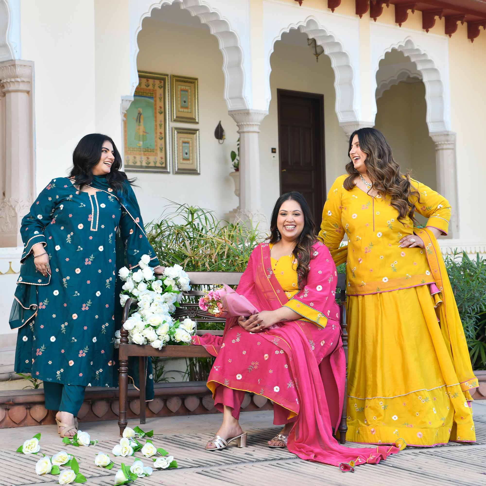 Aam Paana- Yellow Floral Thread Embroidery Mul Chanderi Lehenga Set