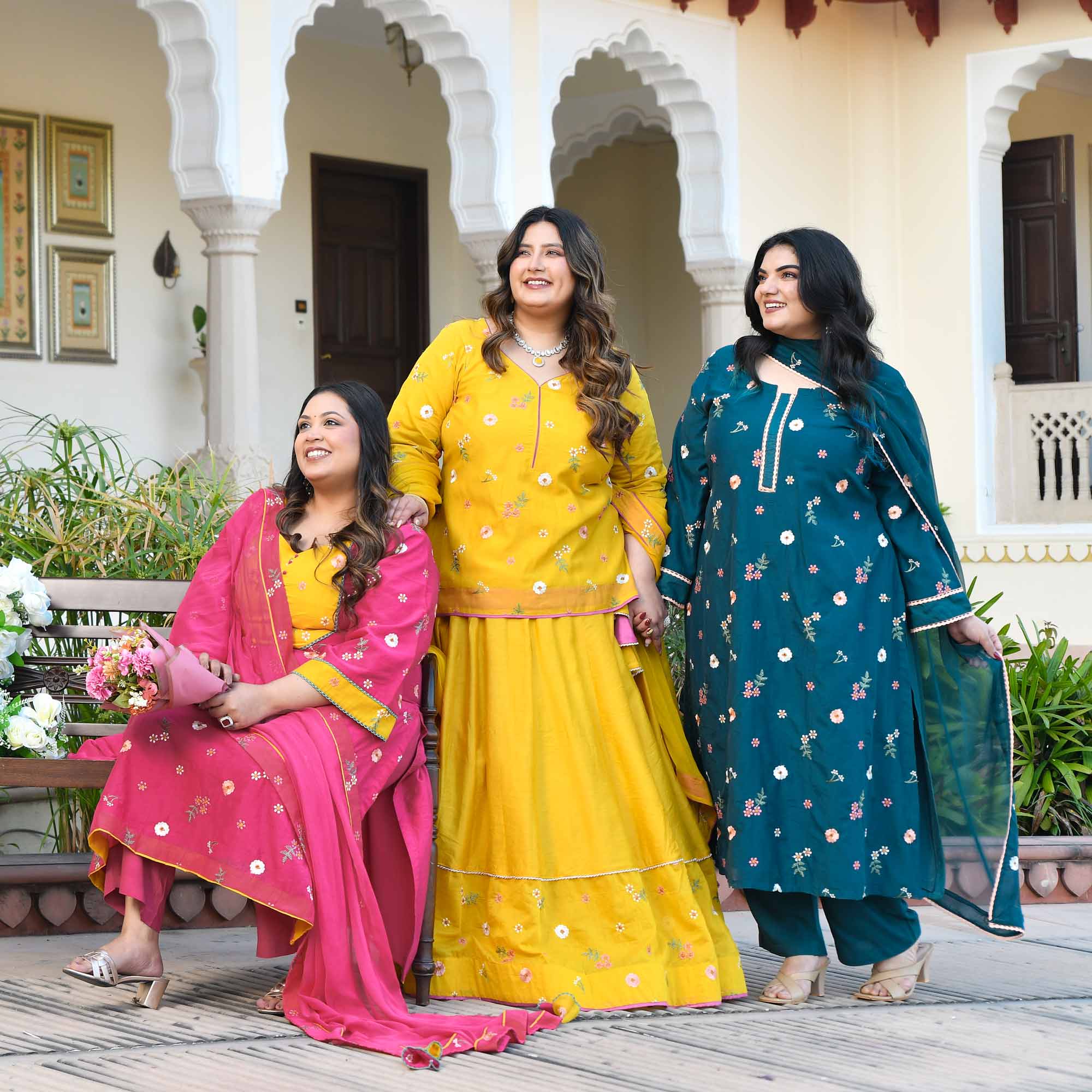 Aam Paana- Yellow Floral Thread Embroidery Mul Chanderi Lehenga Set