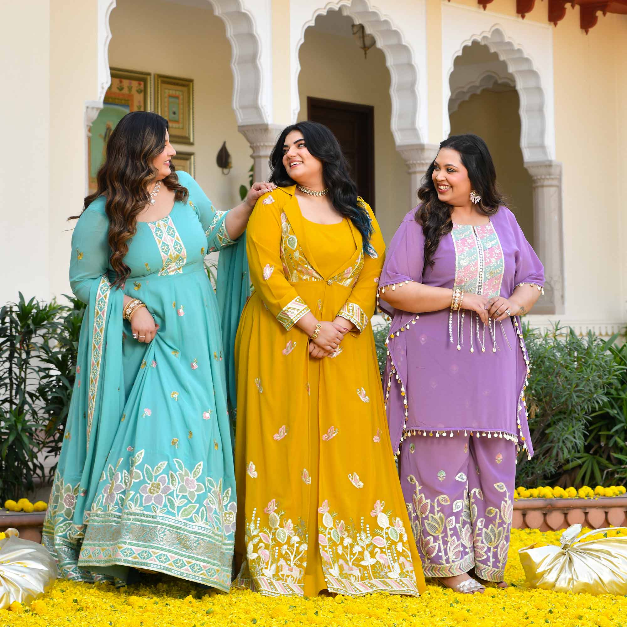 Golden Vows- Mustard Yellow Thread & Gota Embroidered Georgette Anarkali Cape Set