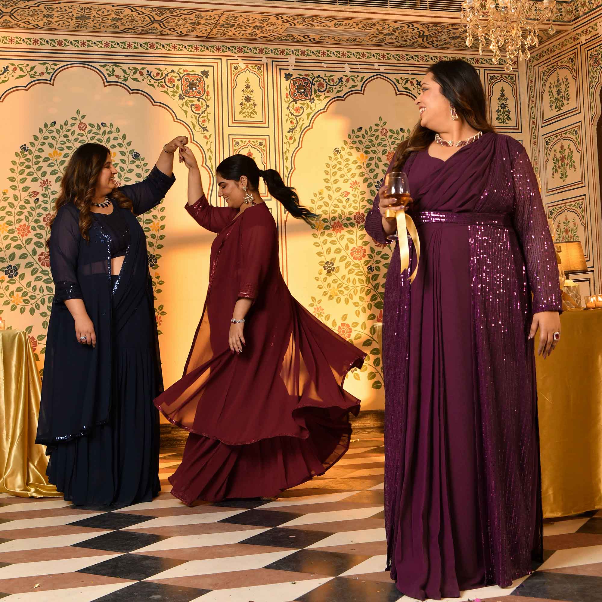 Champagne- Wine Drape Saree Dress with Sequin Embellished Cape