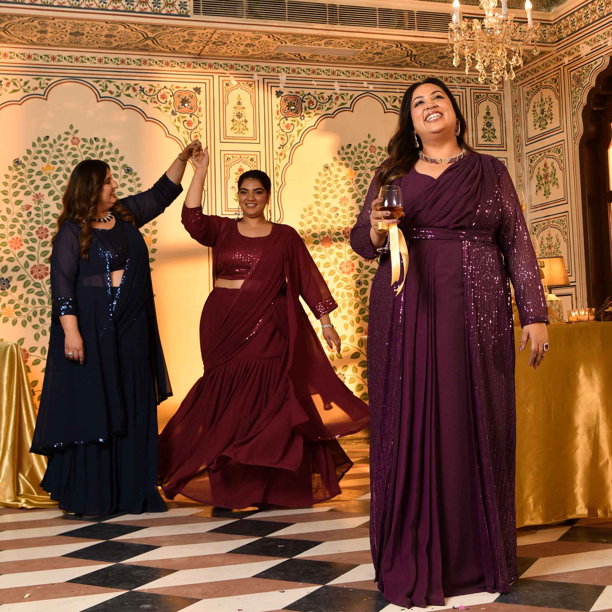 Champagne- Wine Drape Saree Dress with Sequin Embellished Cape