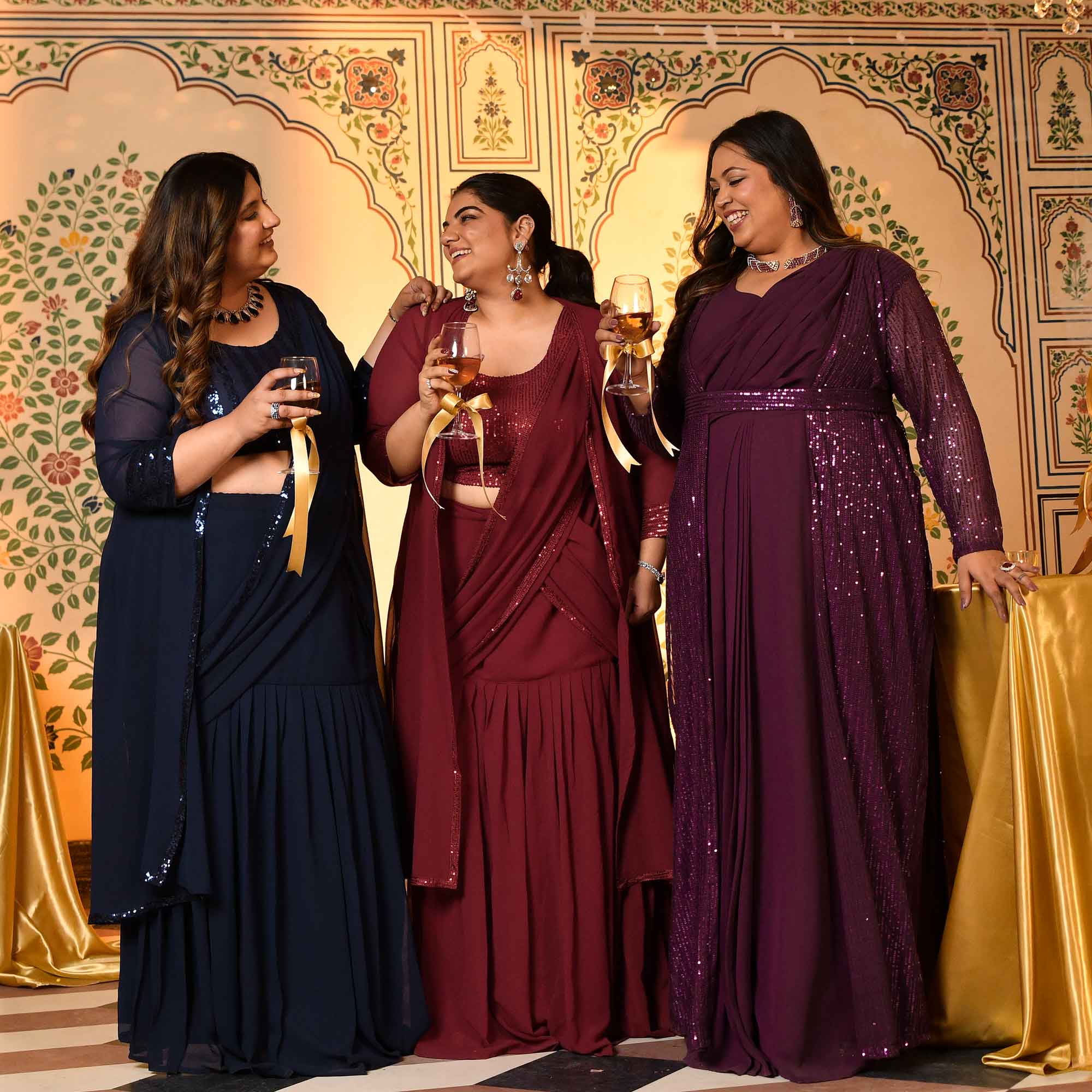 Champagne- Wine Drape Saree Dress with Sequin Embellished Cape