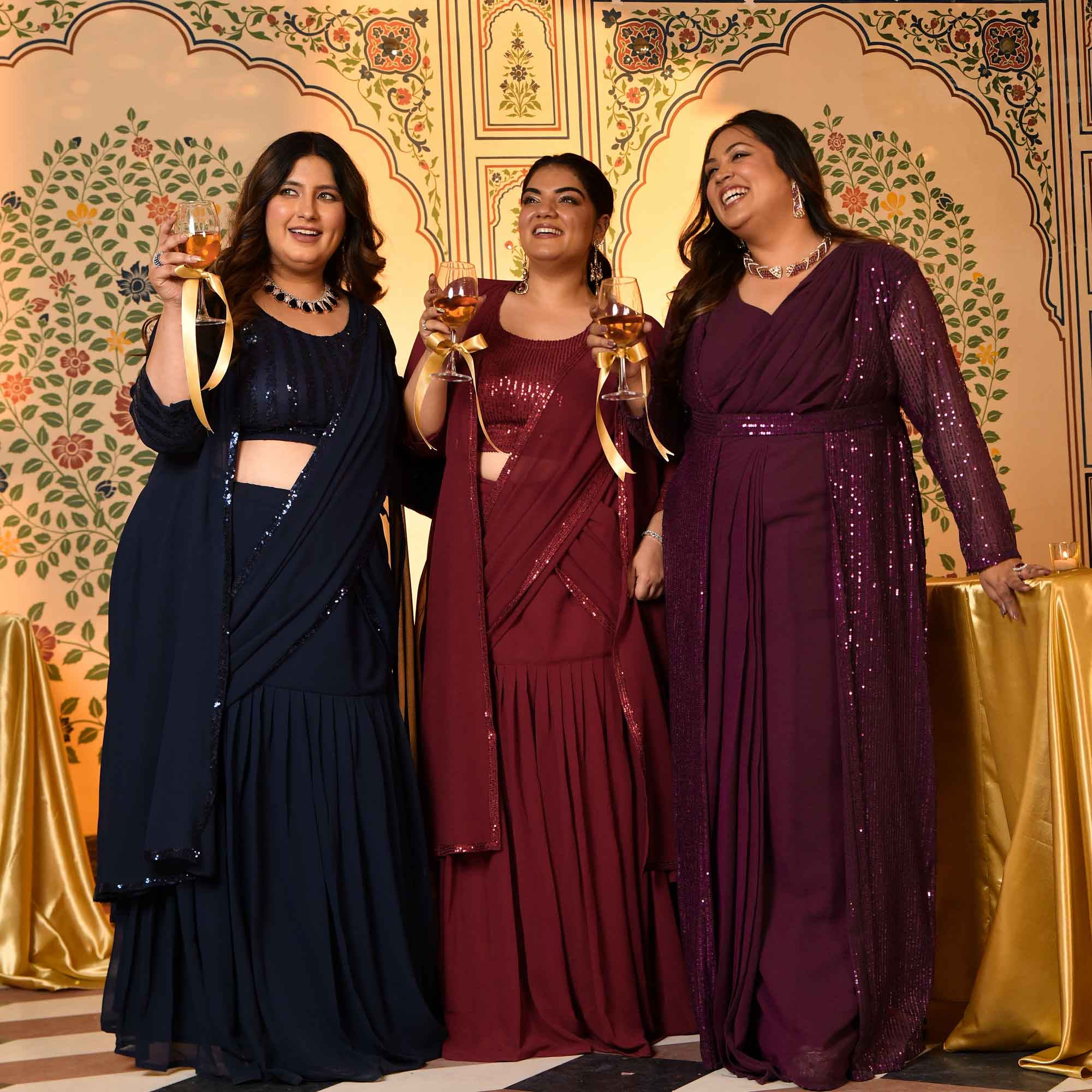 Champagne- Wine Drape Saree Dress with Sequin Embellished Cape