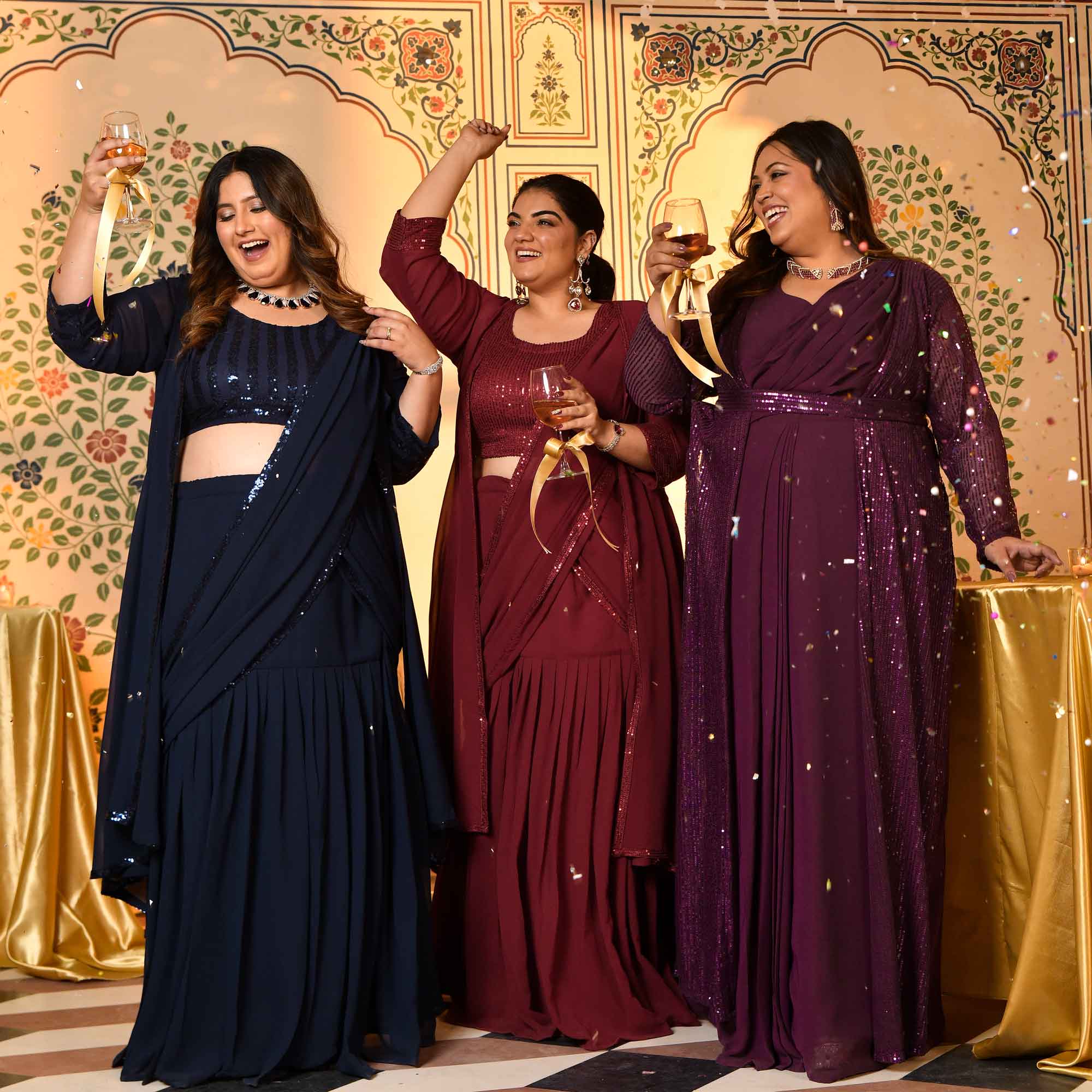 Champagne- Wine Drape Saree Dress with Sequin Embellished Cape