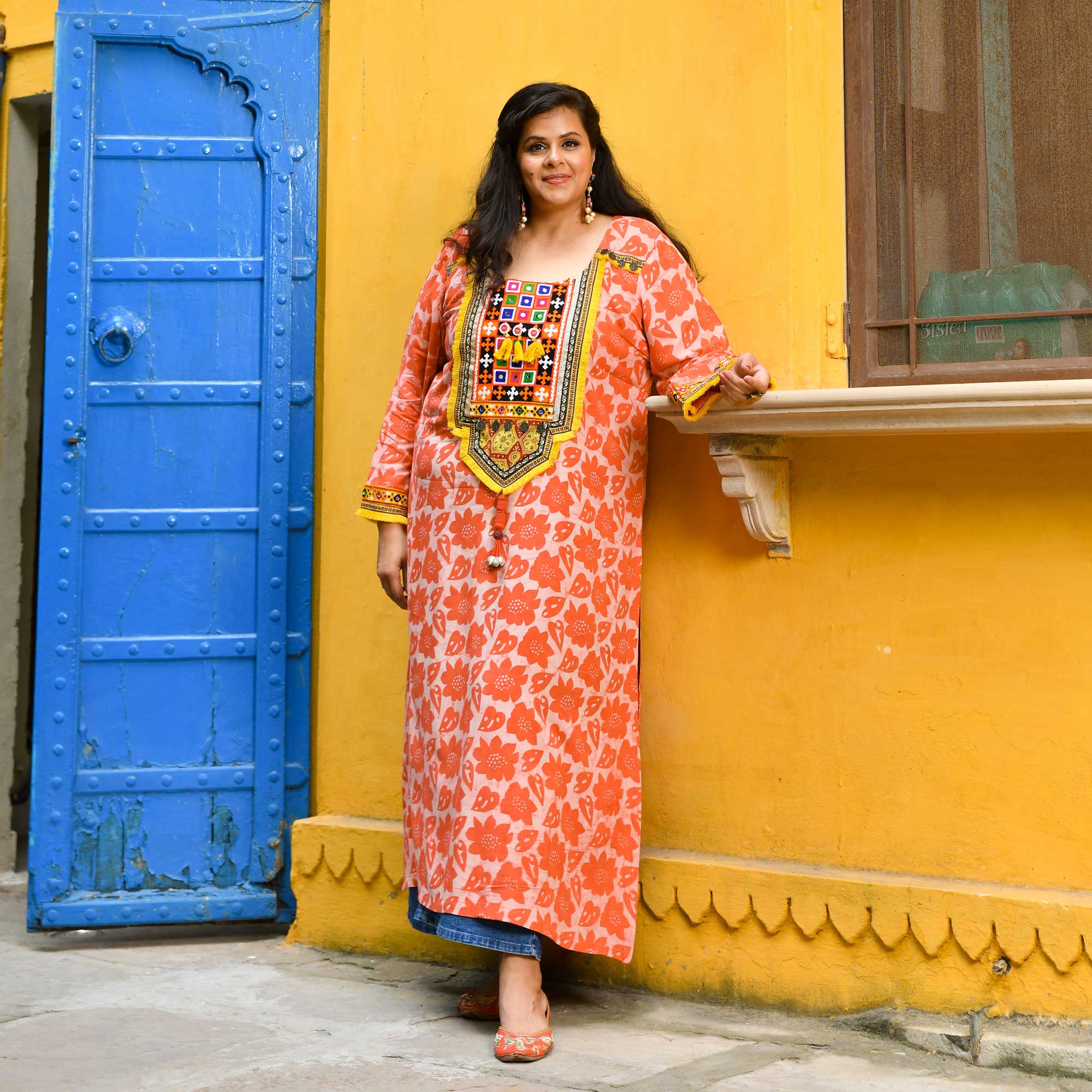 Banjara Blossom- Coral Kutch Embroidered Handblock Printed Modal Rayon Kurta
