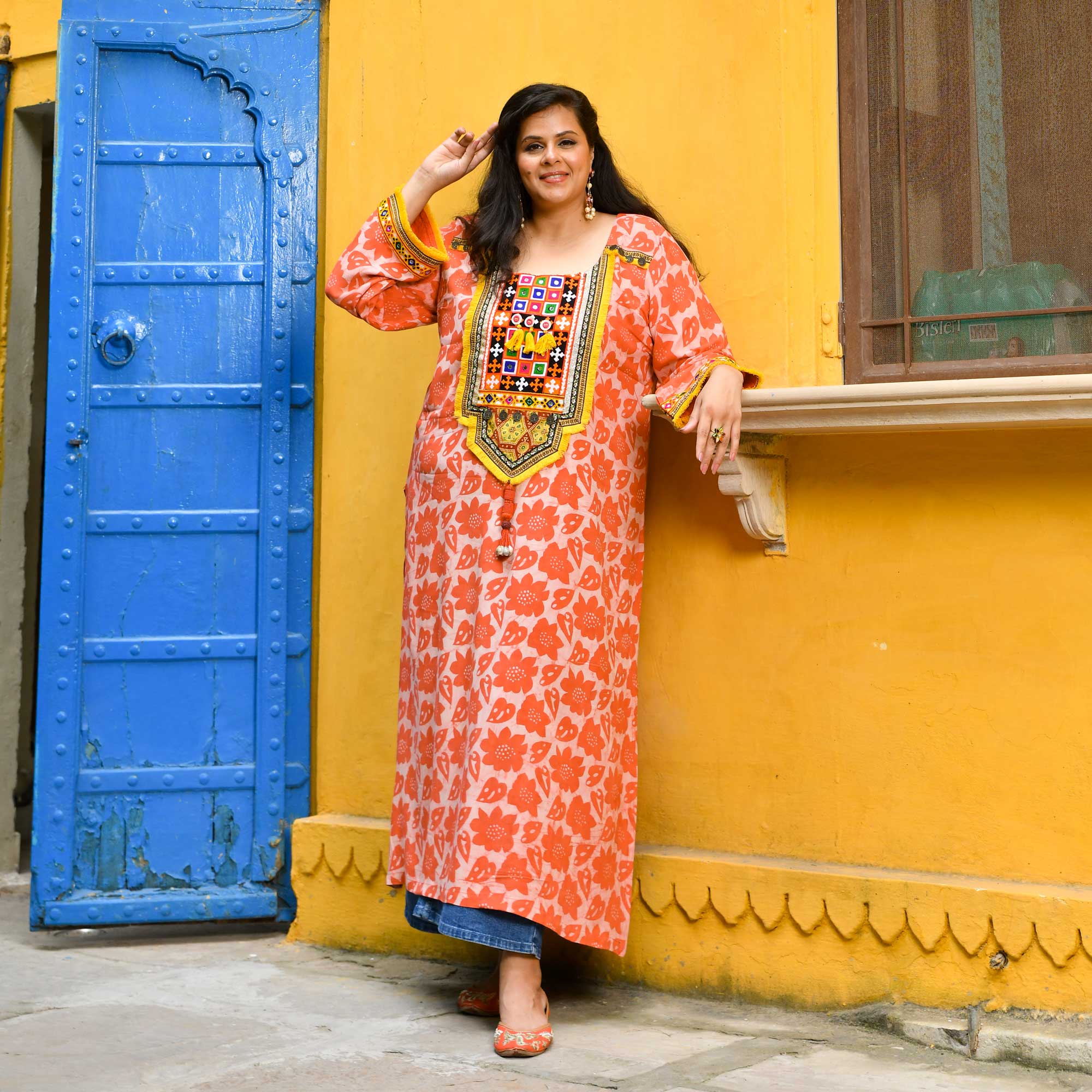 Banjara Blossom- Coral Kutch Embroidered Handblock Printed Modal Rayon Kurta