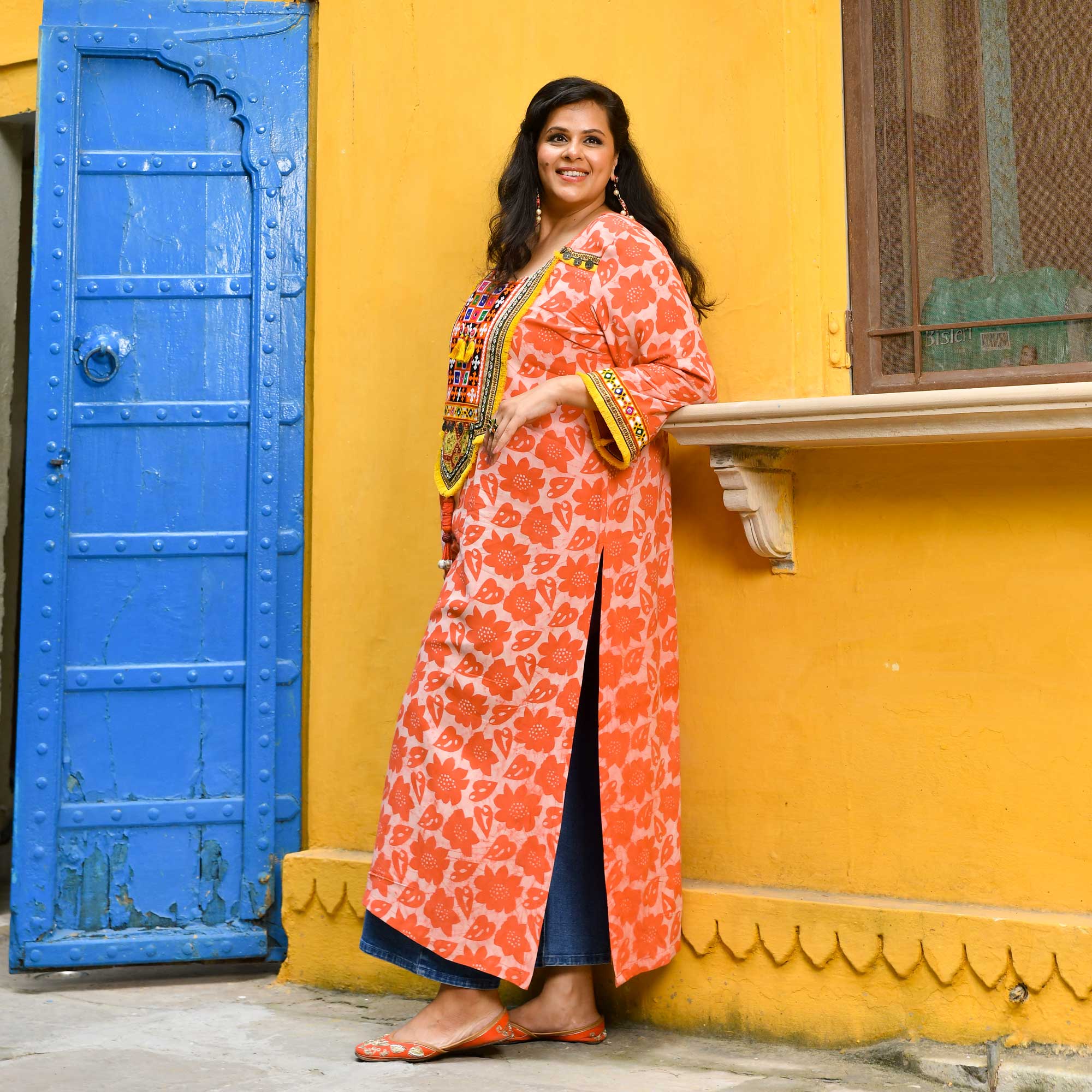 Banjara Blossom- Coral Kutch Embroidered Handblock Printed Modal Rayon Kurta