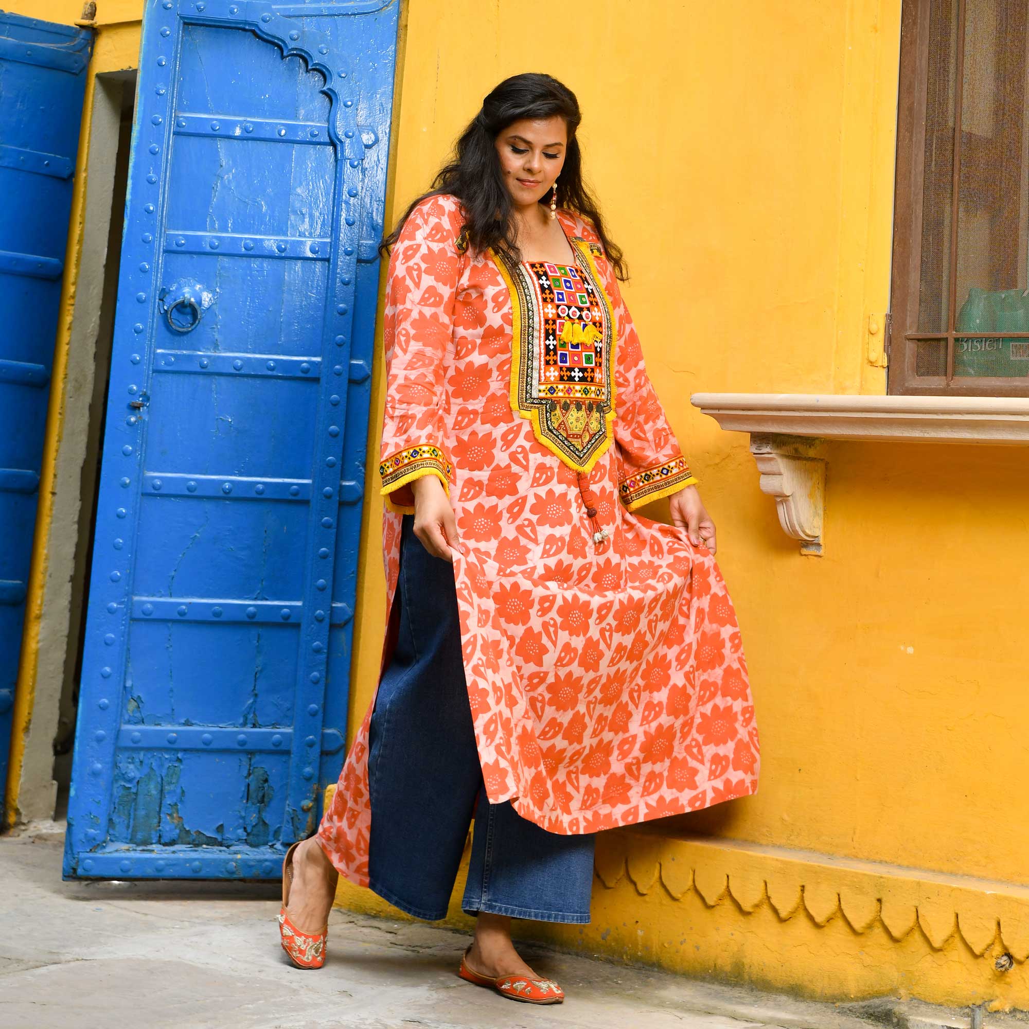 Banjara Blossom- Coral Kutch Embroidered Handblock Printed Modal Rayon Kurta