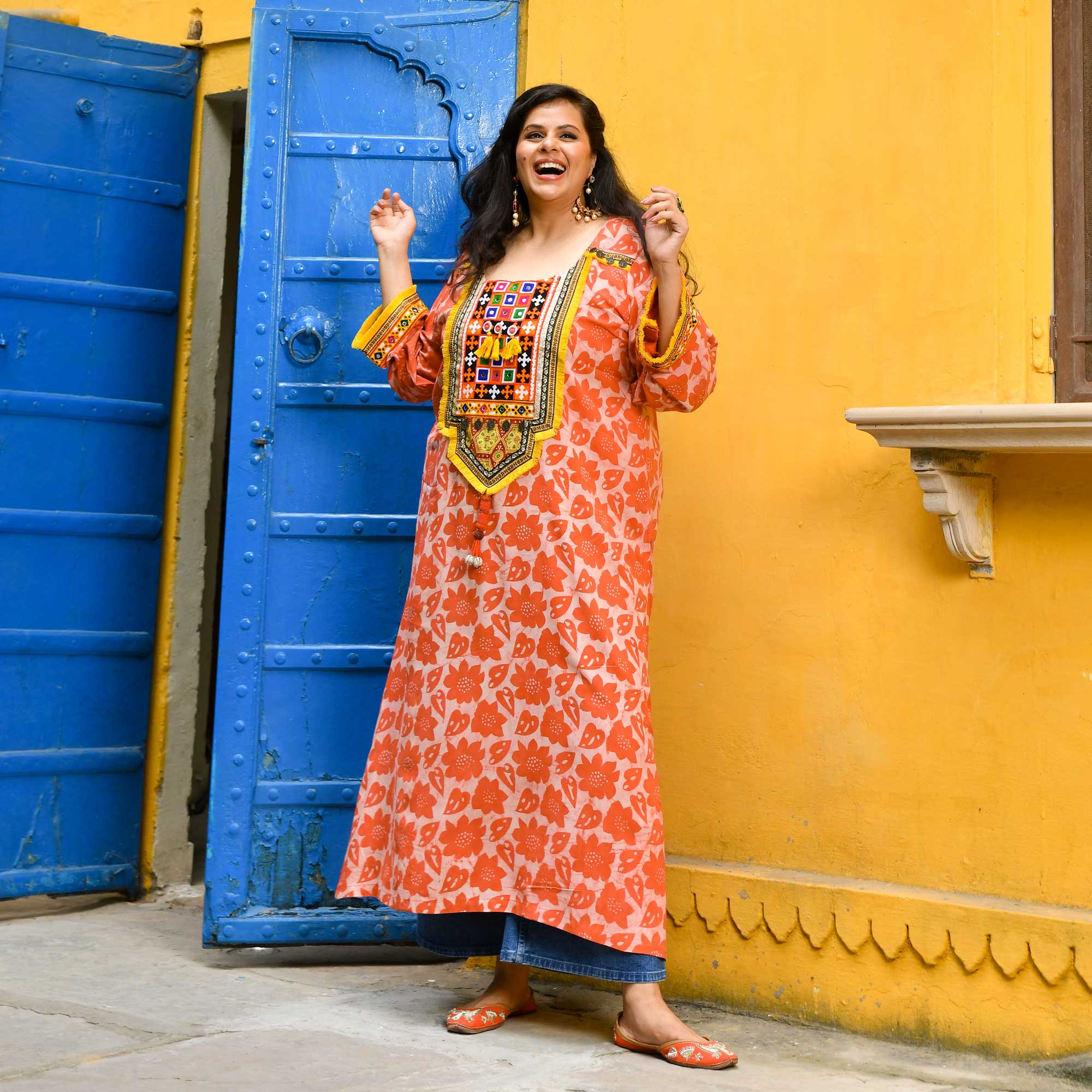 Banjara Blossom- Coral Kutch Embroidered Handblock Printed Modal Rayon Kurta