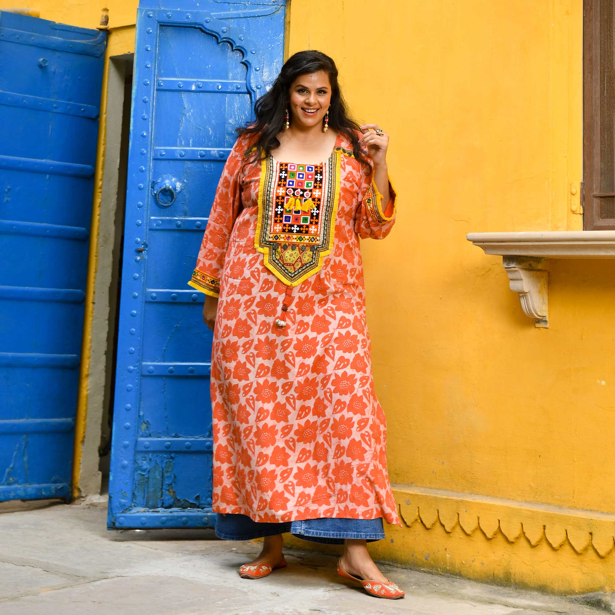 Banjara Blossom- Coral Kutch Embroidered Handblock Printed Modal Rayon Kurta