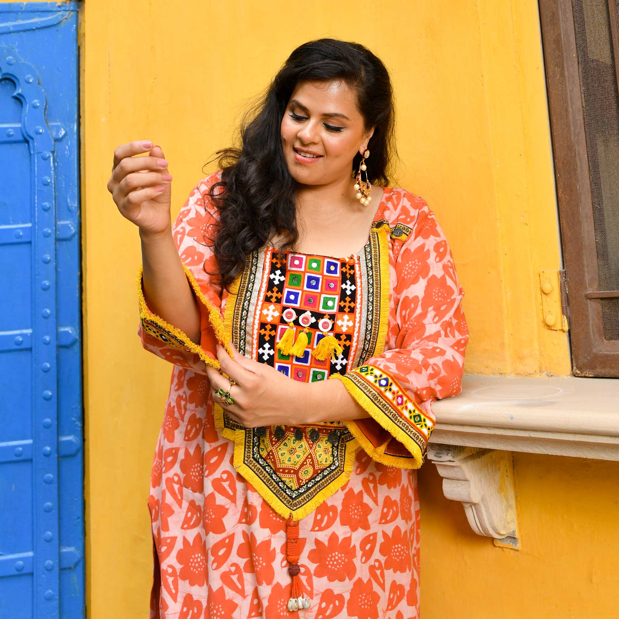 Banjara Blossom- Coral Kutch Embroidered Handblock Printed Modal Rayon Kurta