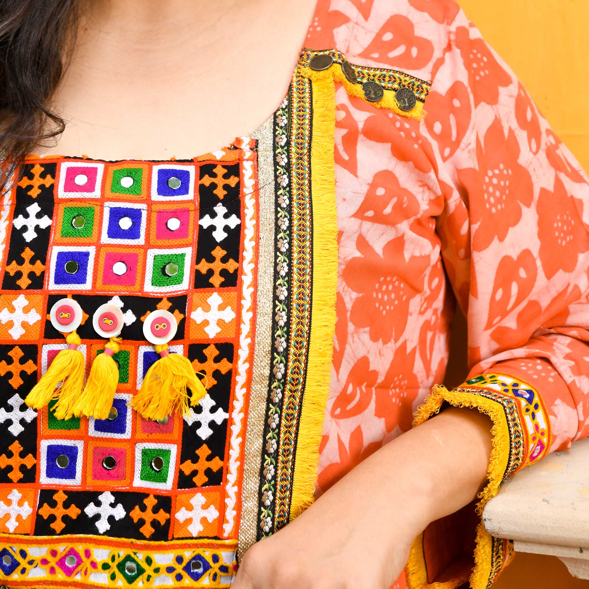 Banjara Blossom- Coral Kutch Embroidered Handblock Printed Modal Rayon Kurta