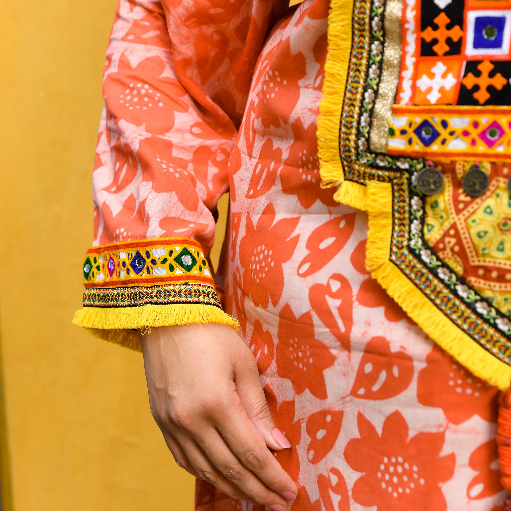 Banjara Blossom- Coral Kutch Embroidered Handblock Printed Modal Rayon Kurta