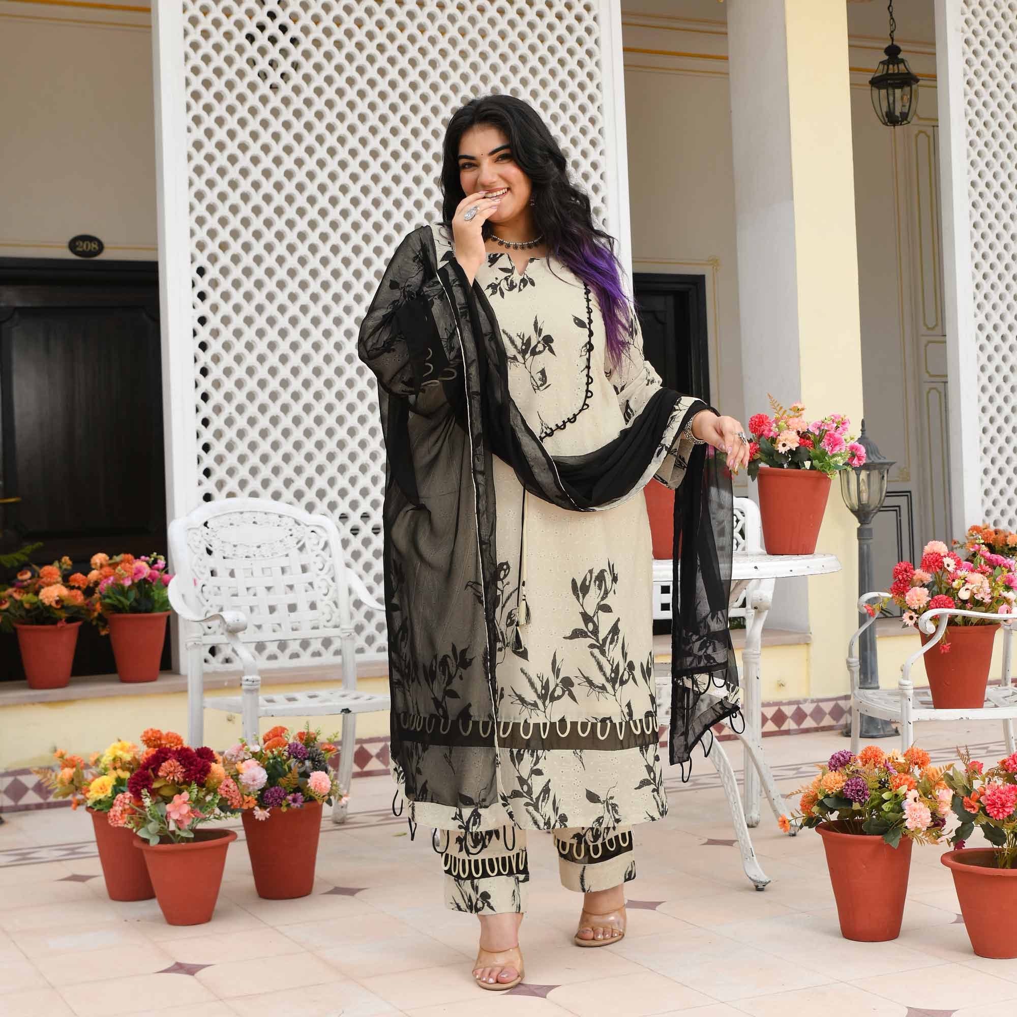 Roshni- Off-white & Black Floral Schiffli Suit Set