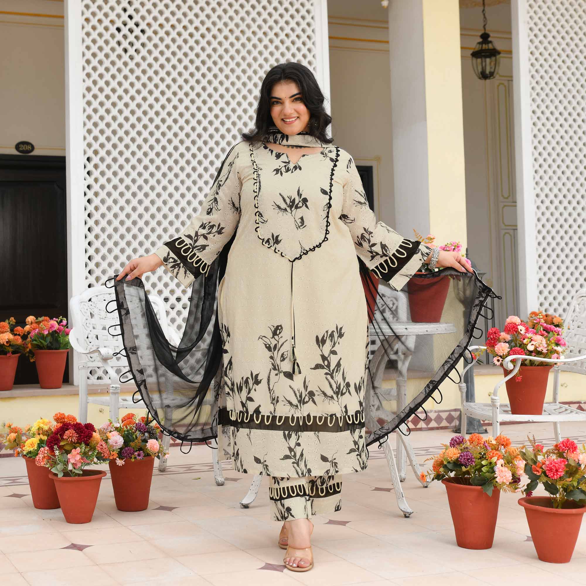 Roshni- Off-white & Black Floral Schiffli Suit Set