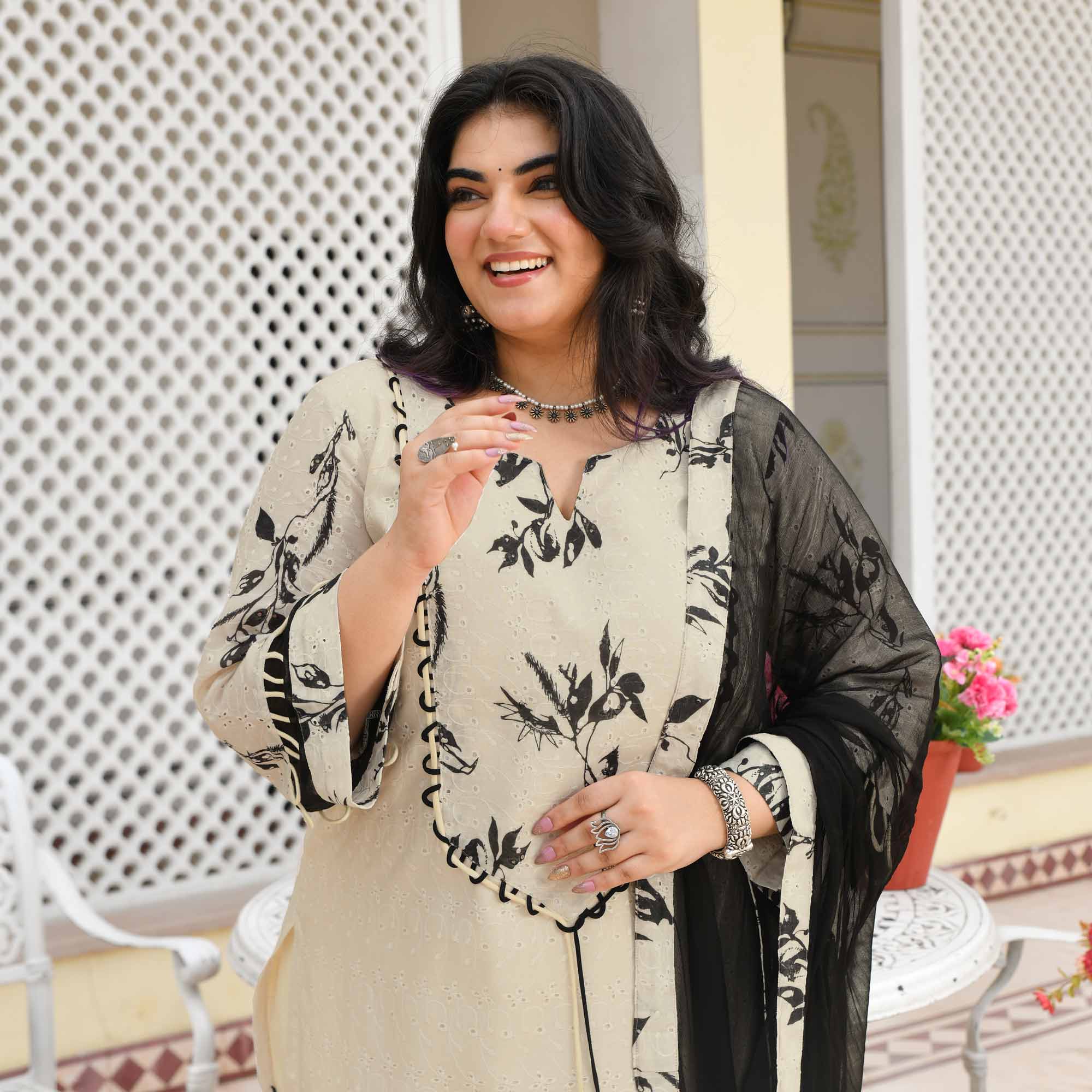 Roshni- Off-white & Black Floral Schiffli Suit Set