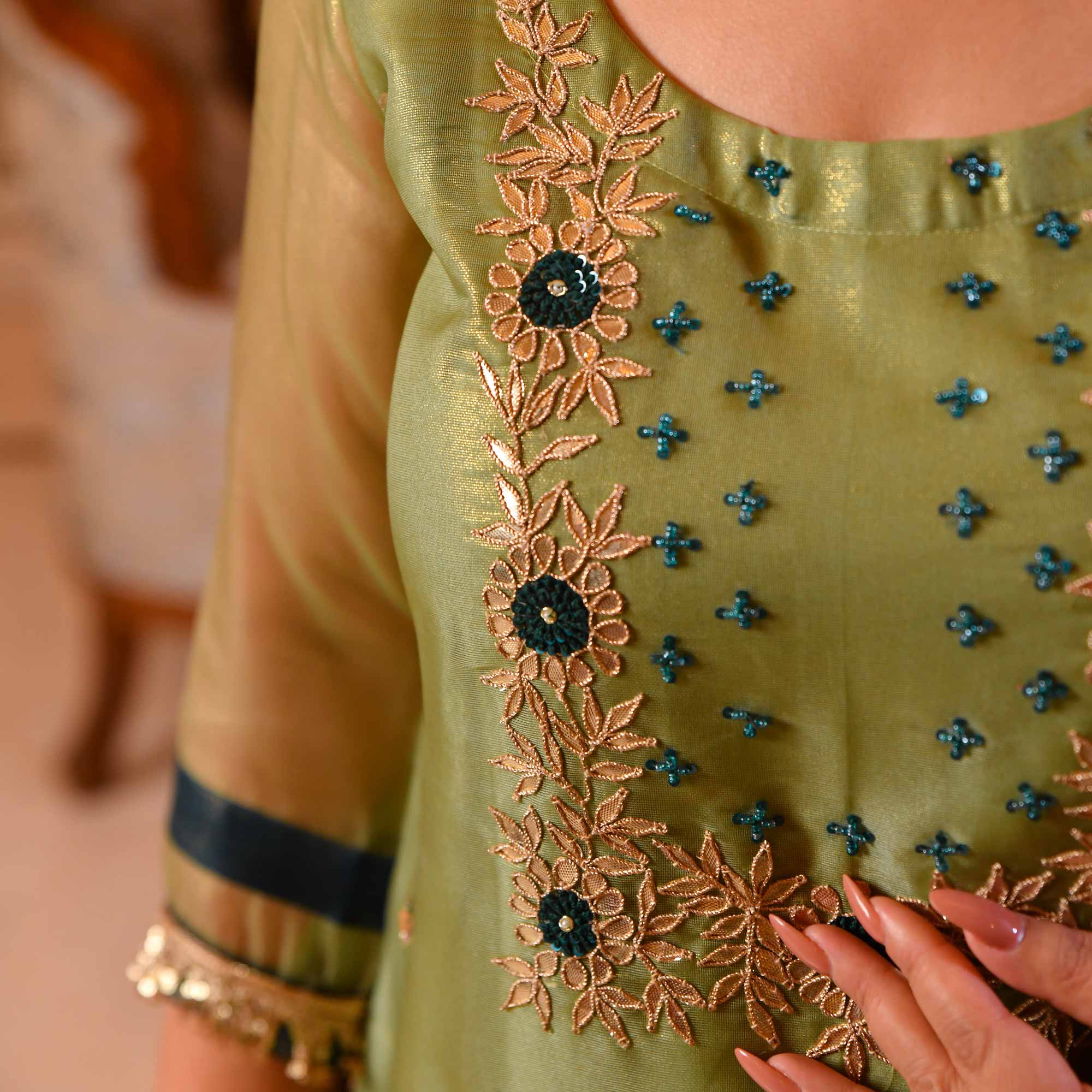 Pista Petal Glitz Tissue Gota Patti Suit Set