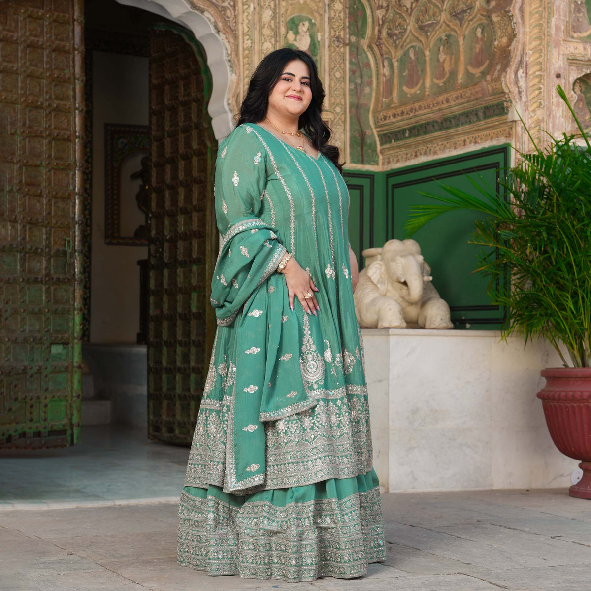 JaiBagh - Sage Green Zari & Sequin Embroidered Pure Chinon Anarkali Lehenga Set