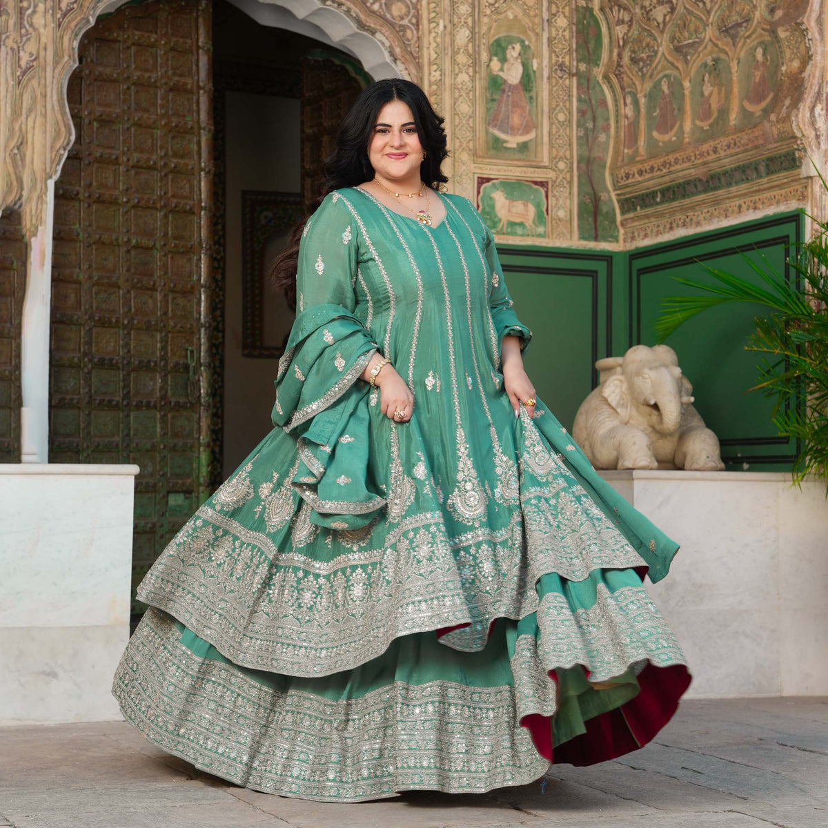 JaiBagh - Sage Green Zari & Sequin Embroidered Pure Chinon Anarkali Lehenga Set