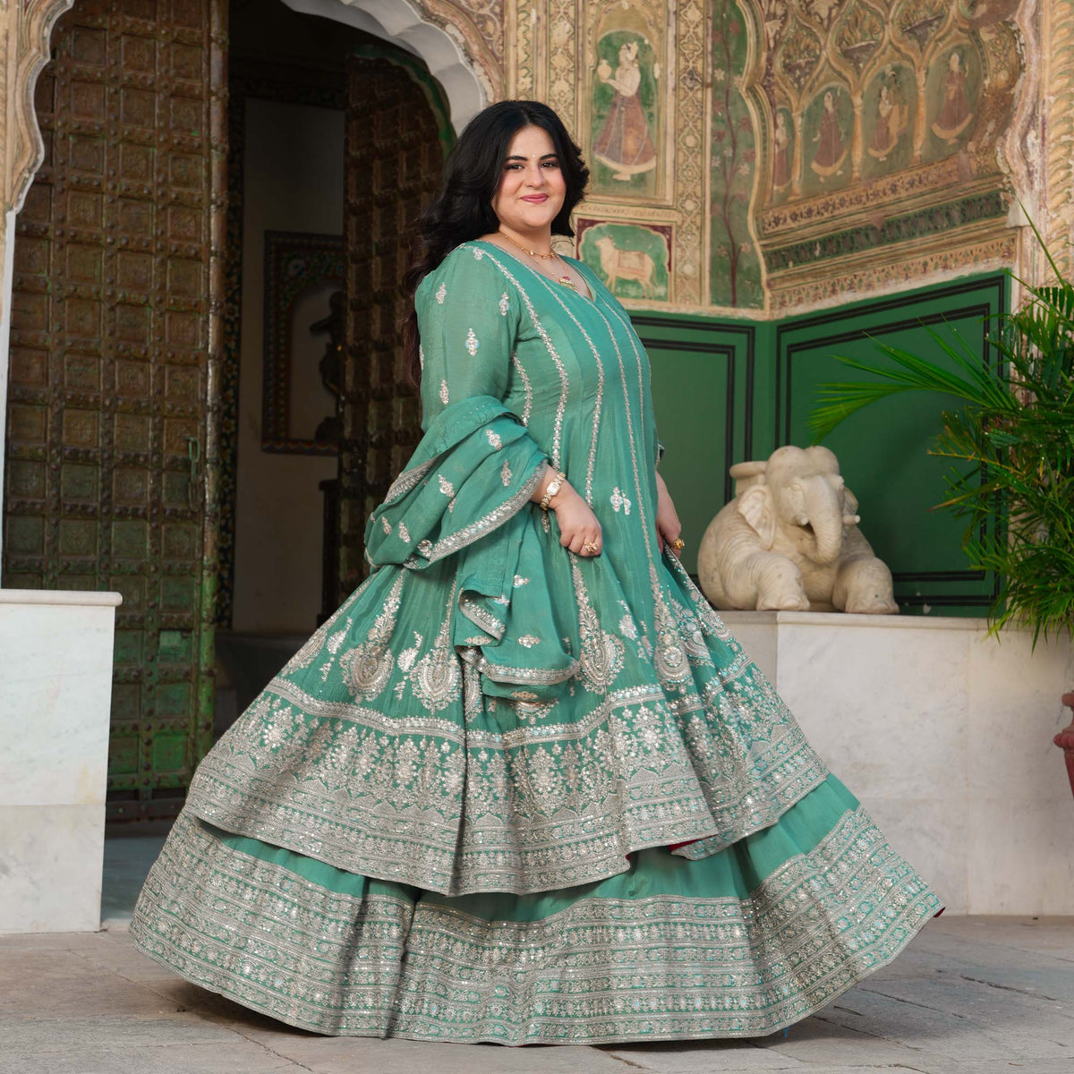 JaiBagh - Sage Green Zari & Sequin Embroidered Pure Chinon Anarkali Lehenga Set