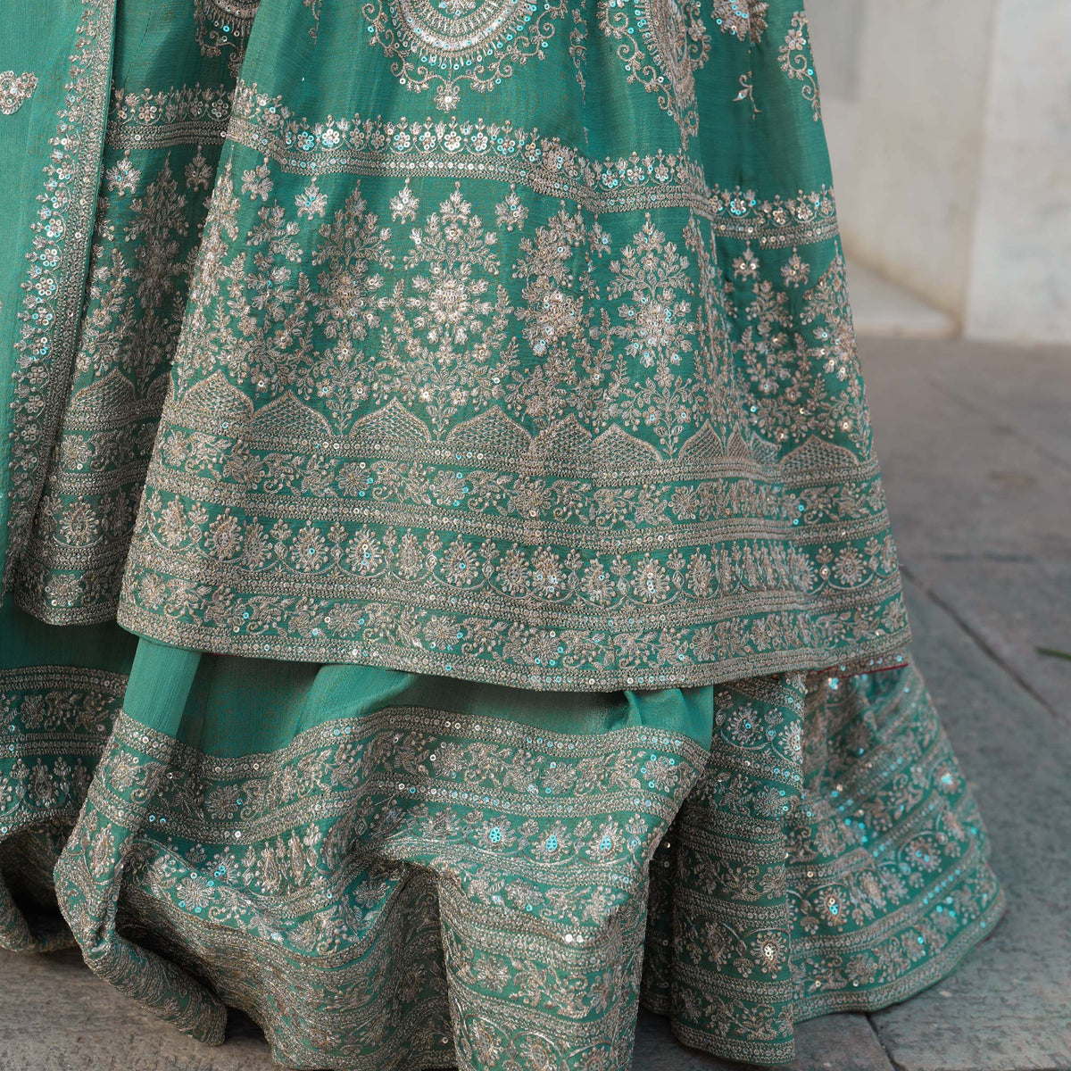 JaiBagh - Sage Green Zari & Sequin Embroidered Pure Chinon Anarkali Lehenga Set