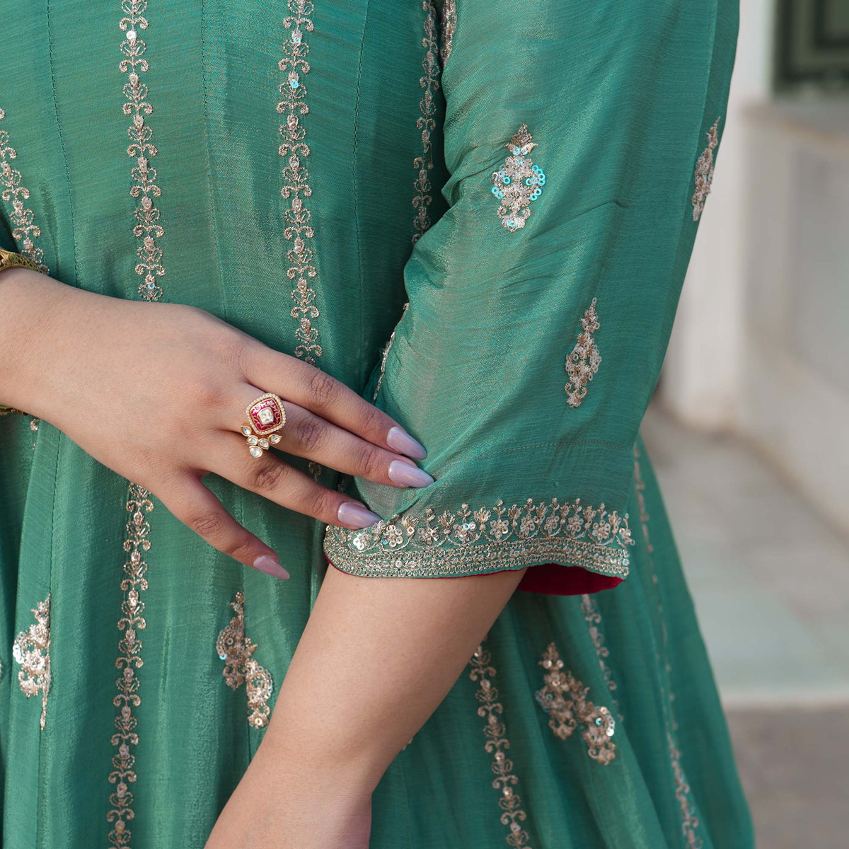 JaiBagh - Sage Green Zari & Sequin Embroidered Pure Chinon Anarkali Lehenga Set