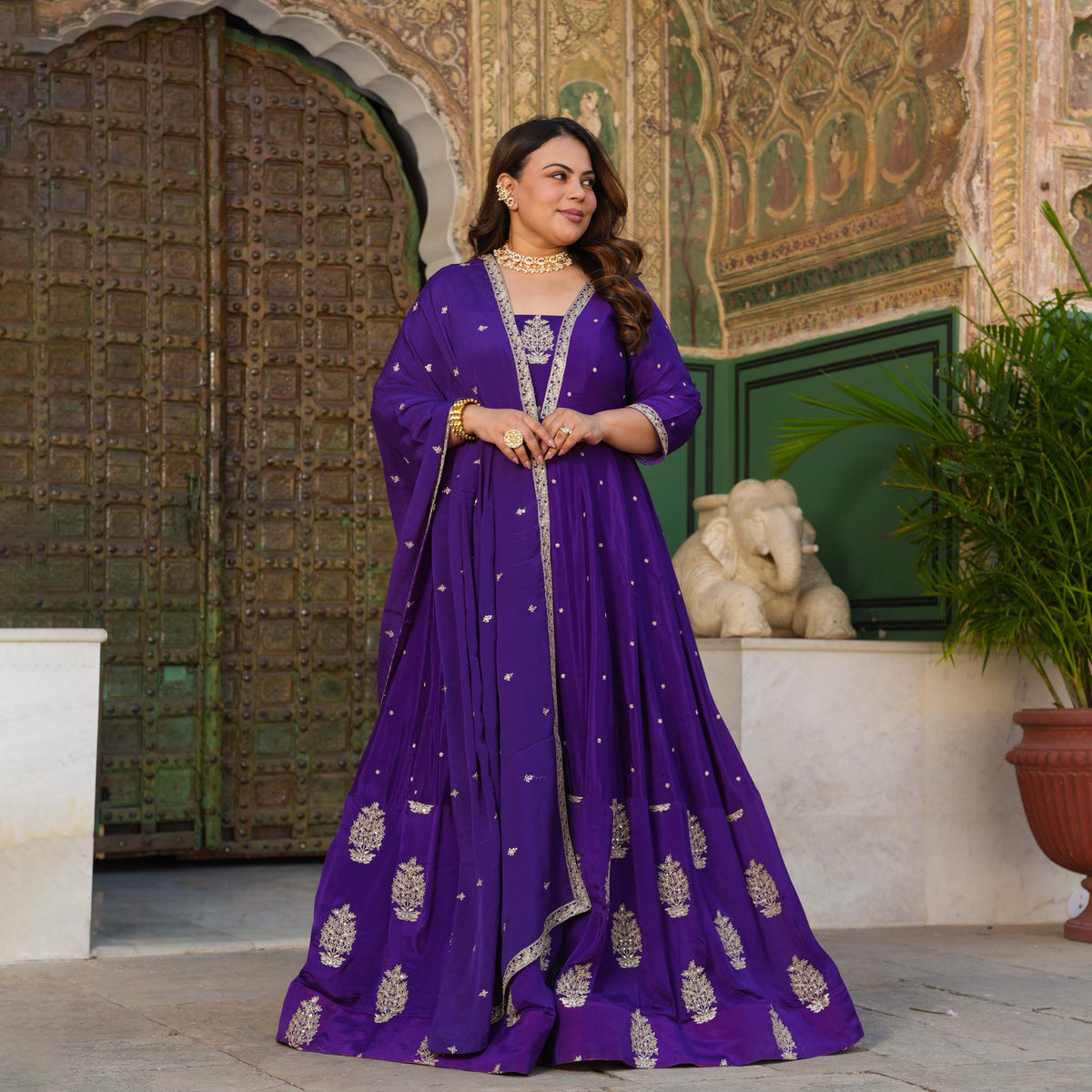 Oheka Castle- Purple Zari & Sequin Embroidered Pure Chinon Anarkali Set