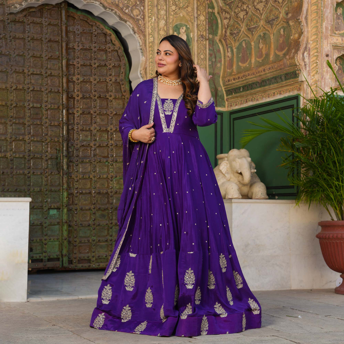 Oheka Castle- Purple Zari & Sequin Embroidered Pure Chinon Anarkali Set