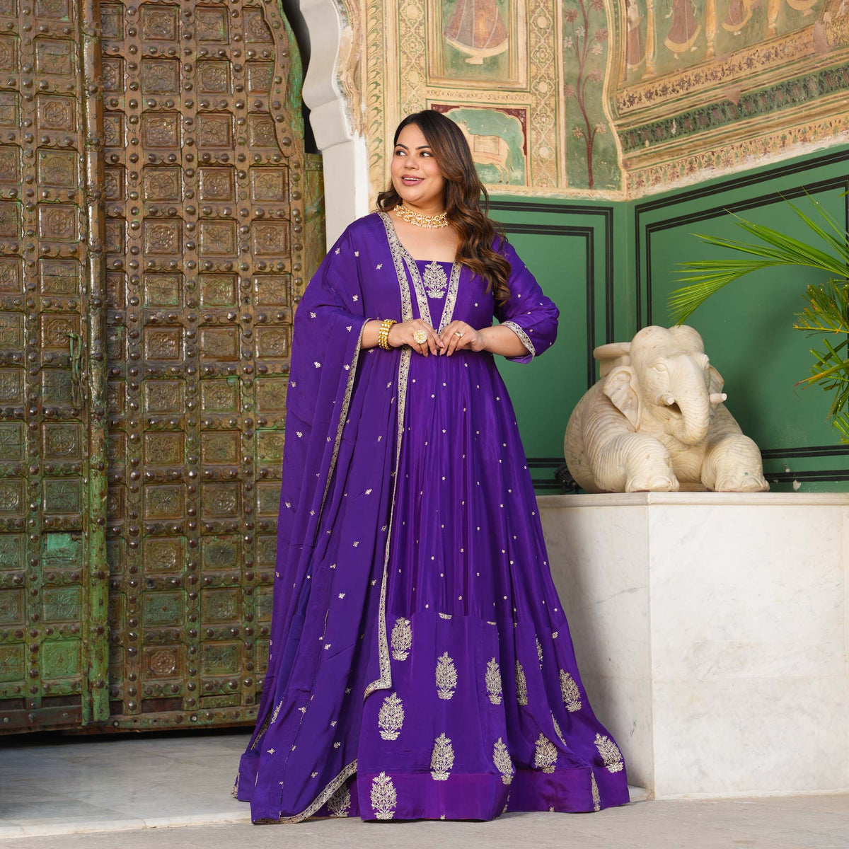 Oheka Castle- Purple Zari & Sequin Embroidered Pure Chinon Anarkali Set