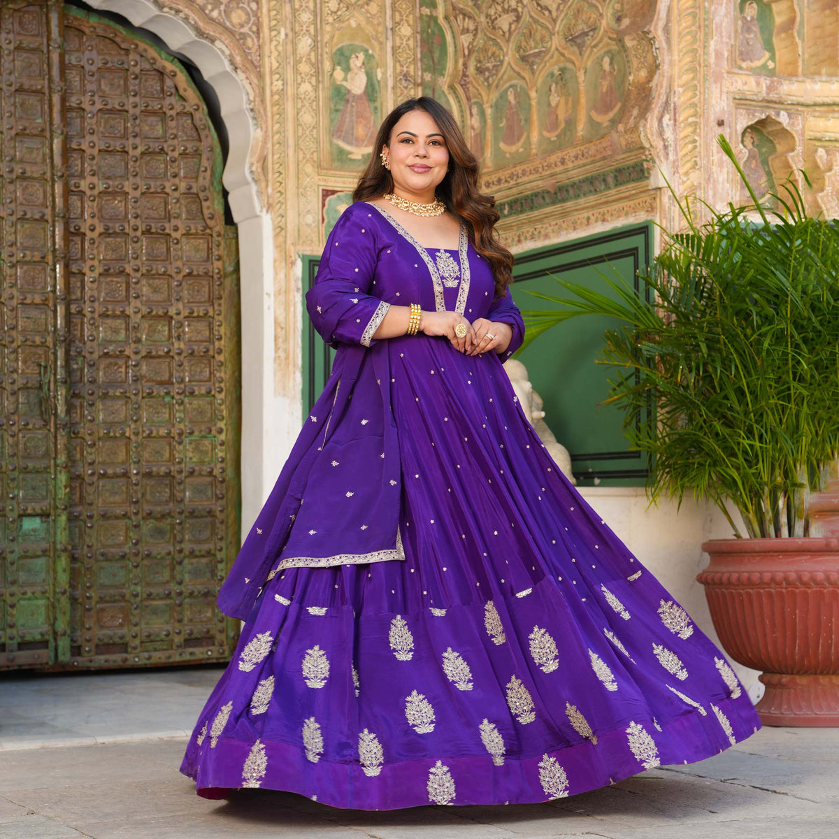 Oheka Castle- Purple Zari & Sequin Embroidered Pure Chinon Anarkali Set