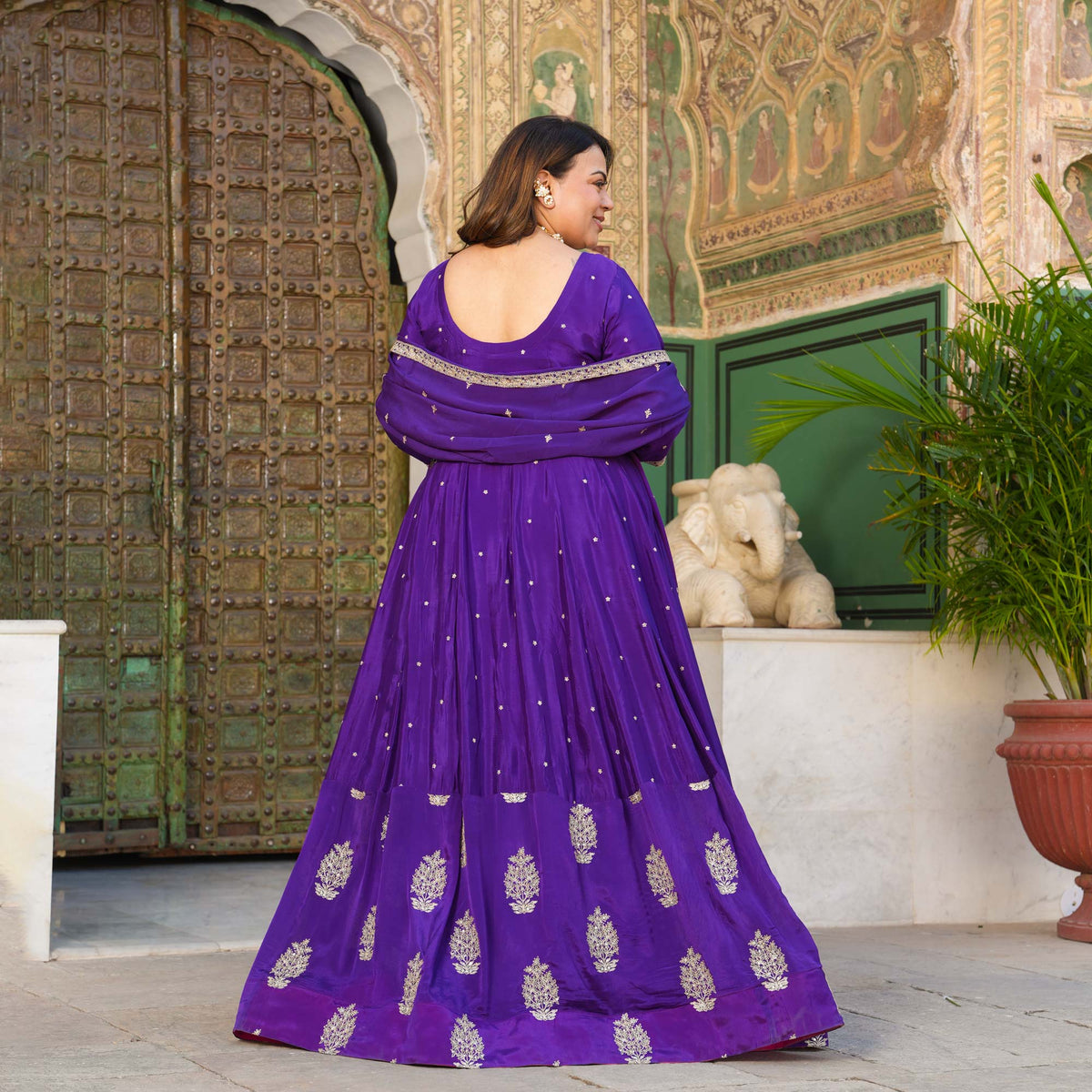 Oheka Castle- Purple Zari & Sequin Embroidered Pure Chinon Anarkali Set