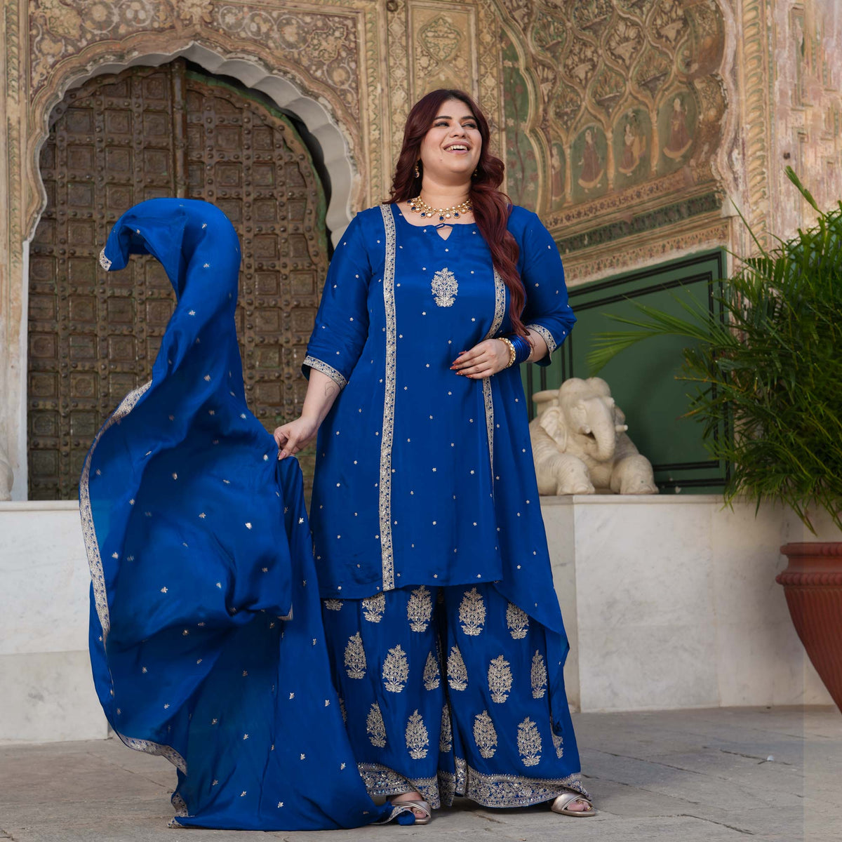 Starry Retreat- Royal Blue Zari & Sequin Embroidered Pure Chinon Suit Set