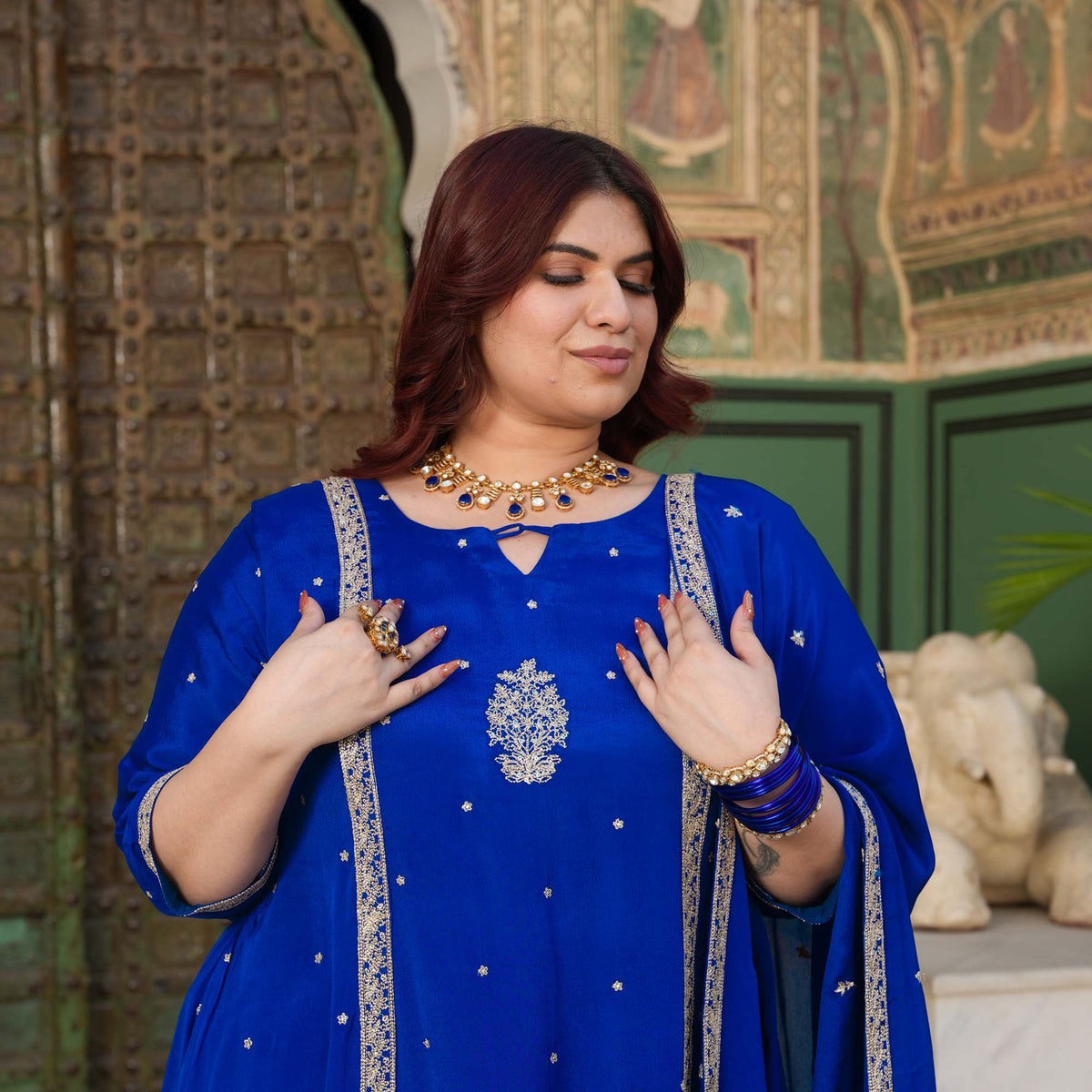 Starry Retreat- Royal Blue Zari & Sequin Embroidered Pure Chinon Suit Set