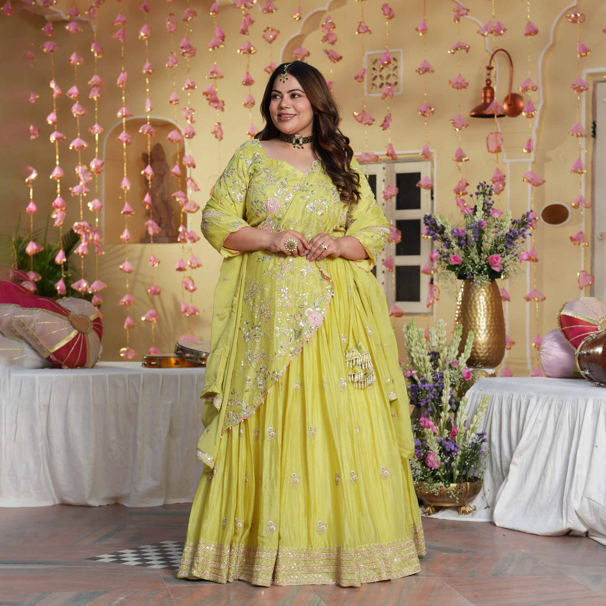 Kundan Pearls- Lemon Thread & Sequin Embroidered Pure Chinon Lehenga Set