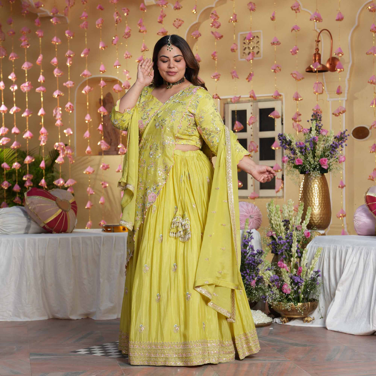 Kundan Pearls- Lemon Thread & Sequin Embroidered Pure Chinon Lehenga Set