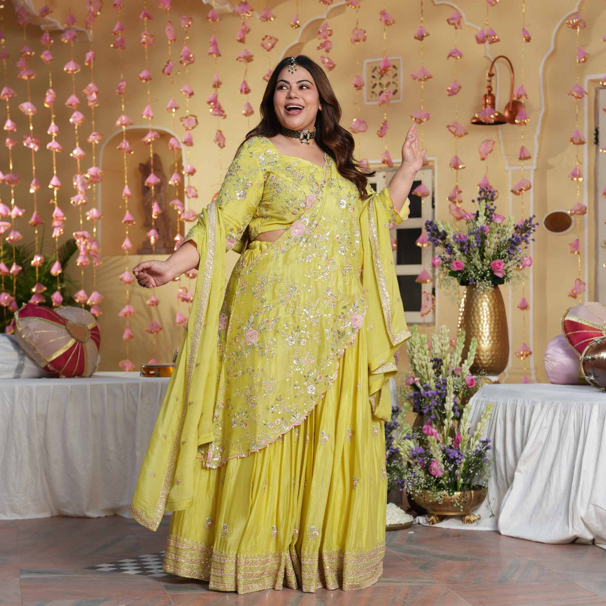Kundan Pearls- Lemon Thread & Sequin Embroidered Pure Chinon Lehenga Set