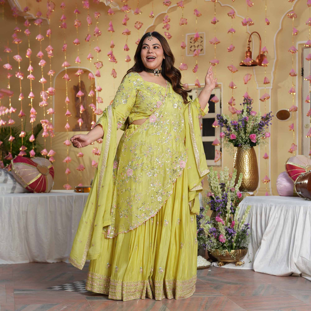 Kundan Pearls- Lemon Thread & Sequin Embroidered Pure Chinon Lehenga Set