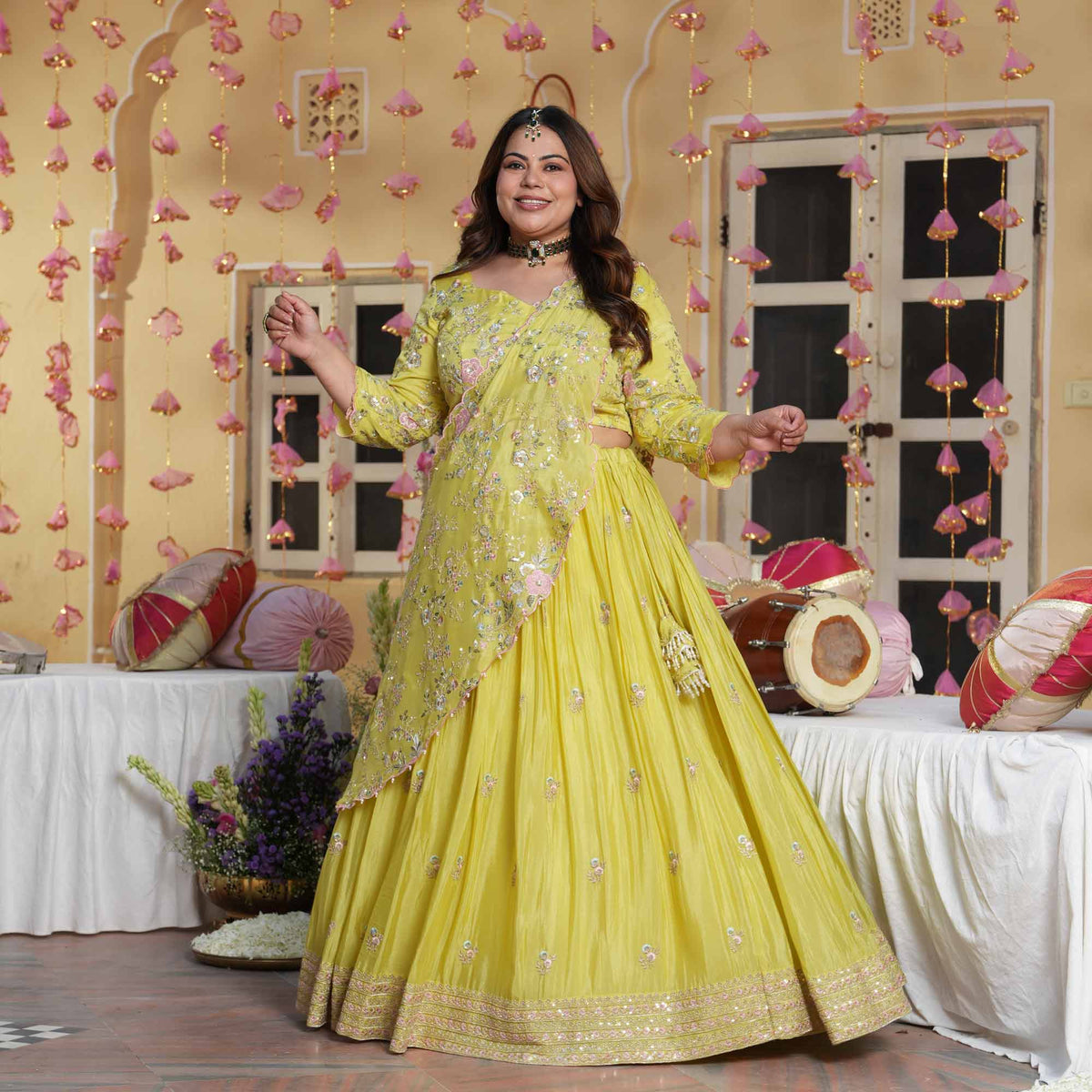 Kundan Pearls- Lemon Thread & Sequin Embroidered Pure Chinon Lehenga Set