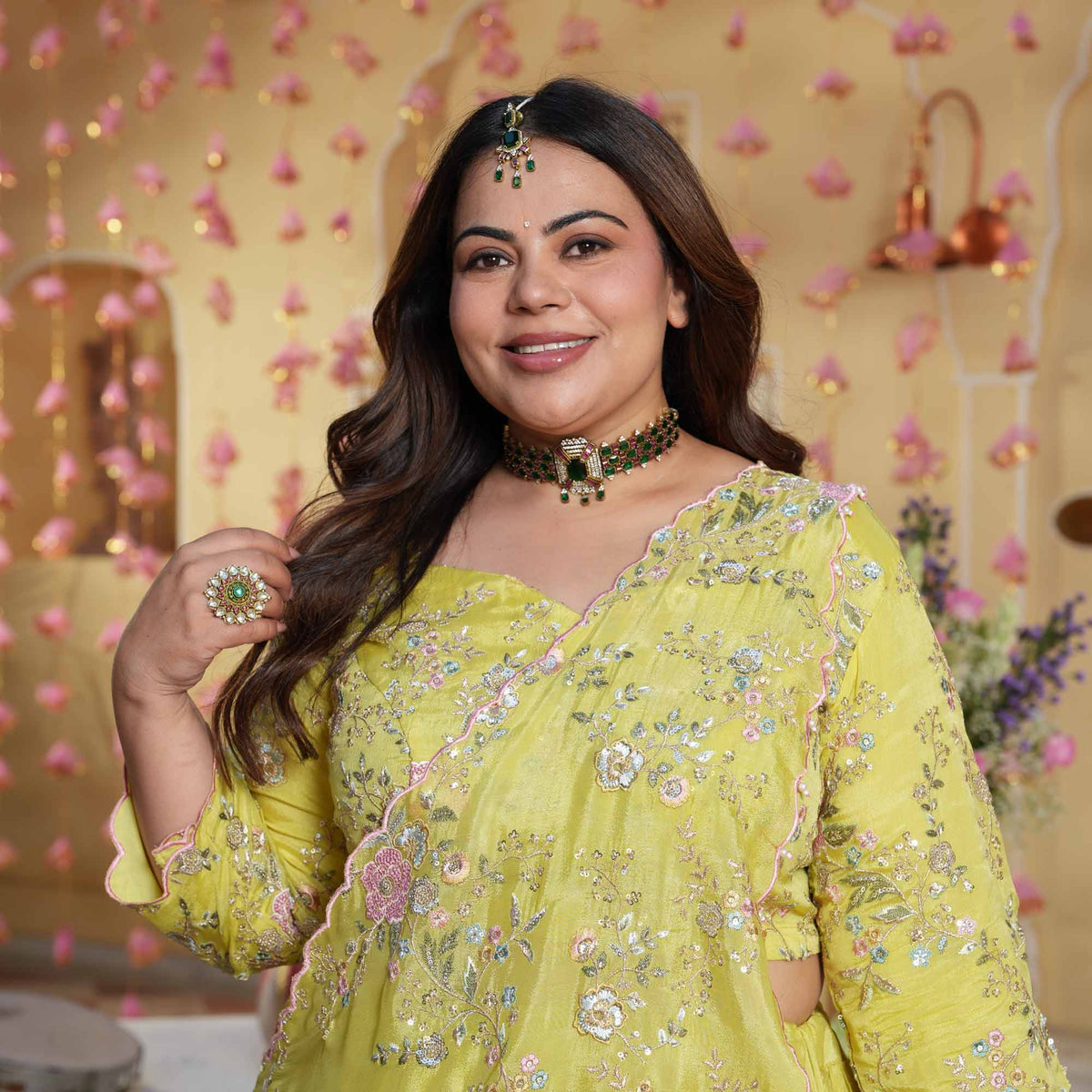 Kundan Pearls- Lemon Thread & Sequin Embroidered Pure Chinon Lehenga Set