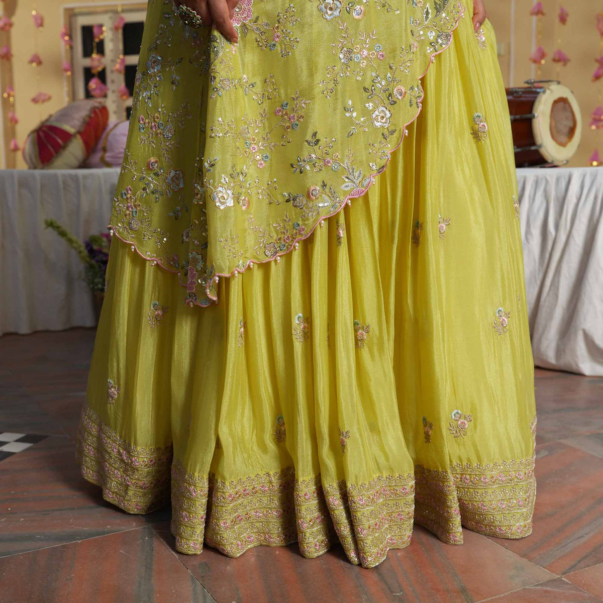 Kundan Pearls- Lemon Thread & Sequin Embroidered Pure Chinon Lehenga Set