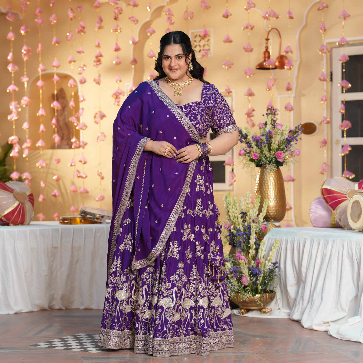 Eden Blooms- Purple Zari & Sequin Embroidered Pure Chinon Lehenga Set